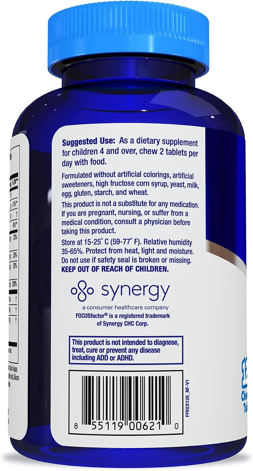 Focus Factor Kids Extra Strength Daily Chewable for Brain Health Support, 120 Count – Vitamins - Quality Formula – Gluten & Dairy Free Supplements for Children – No Artificial Sweetener