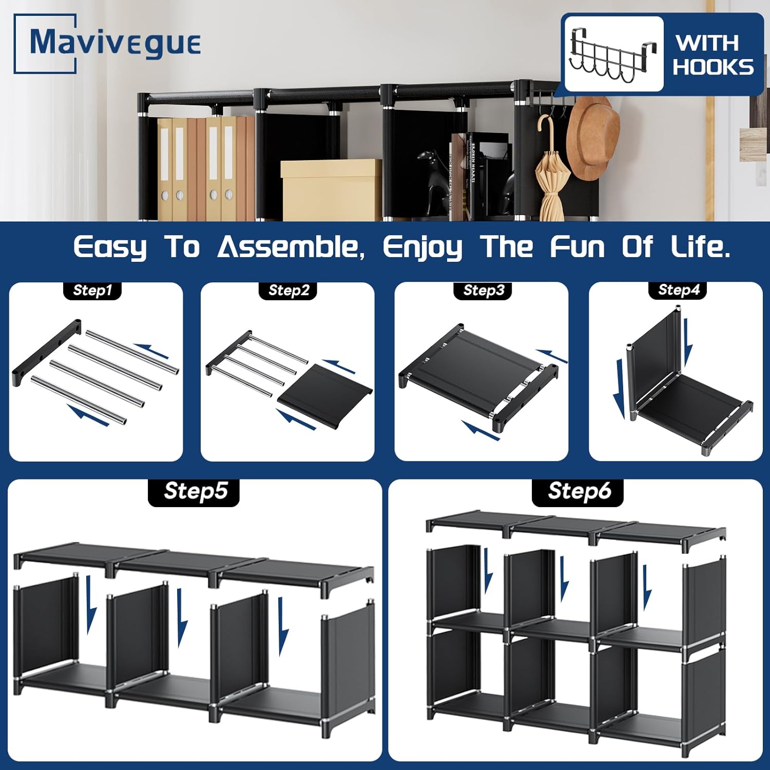 Mavivegue Bookcase, 18-Cube Extra Large Book Shelf, DIY Cube Storage Organizer for Bedroom, Living Room, Home Office - Black