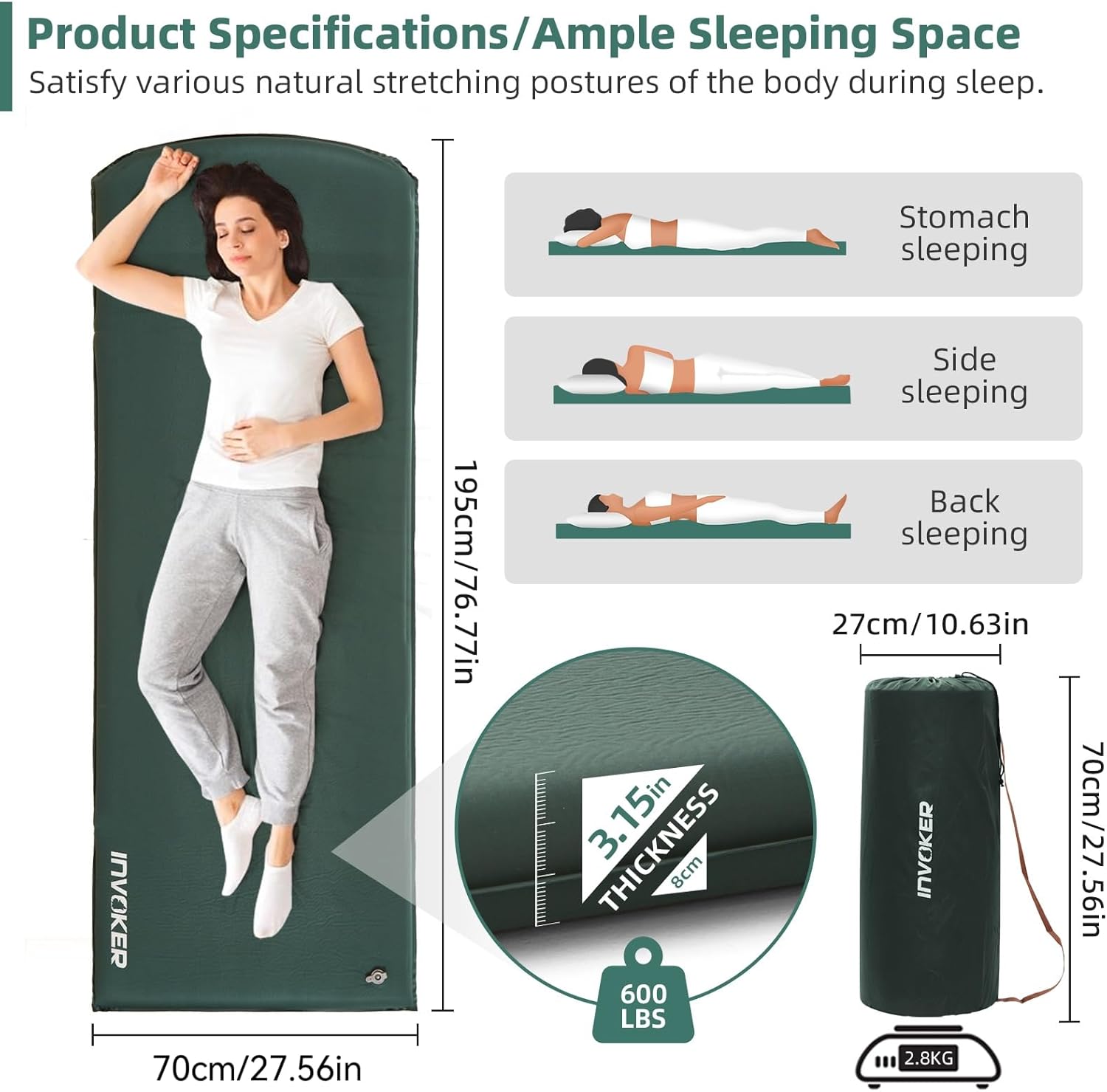 INVOKER Camping Sleeping Pad, Self-Inflating, 75 x 24 x 3.15 in, Green