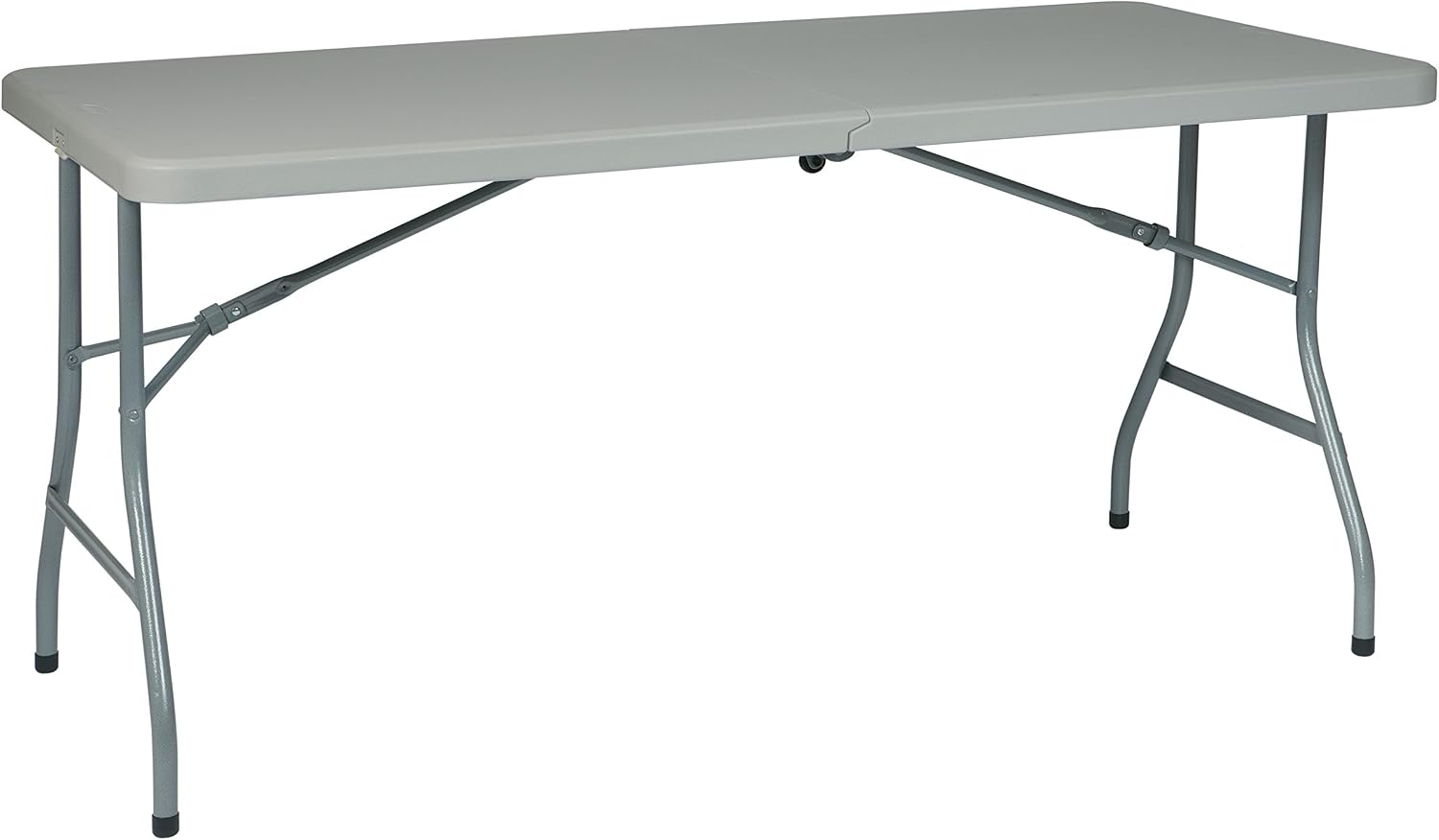 Office Star Resin Rectangle Center-Folding Portable Table for Picnics, Camping, and Tailgating, 5 Feet, with Wheels Light Gray