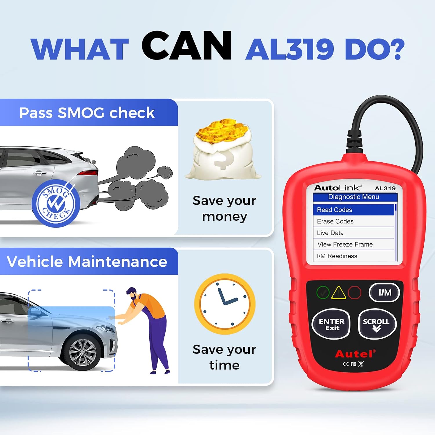 Autel AL319 Professional OBD2 Scanner, Enhanced Check Engine Code Reader | Reset Fault Code, Live Data, Freeze Frame