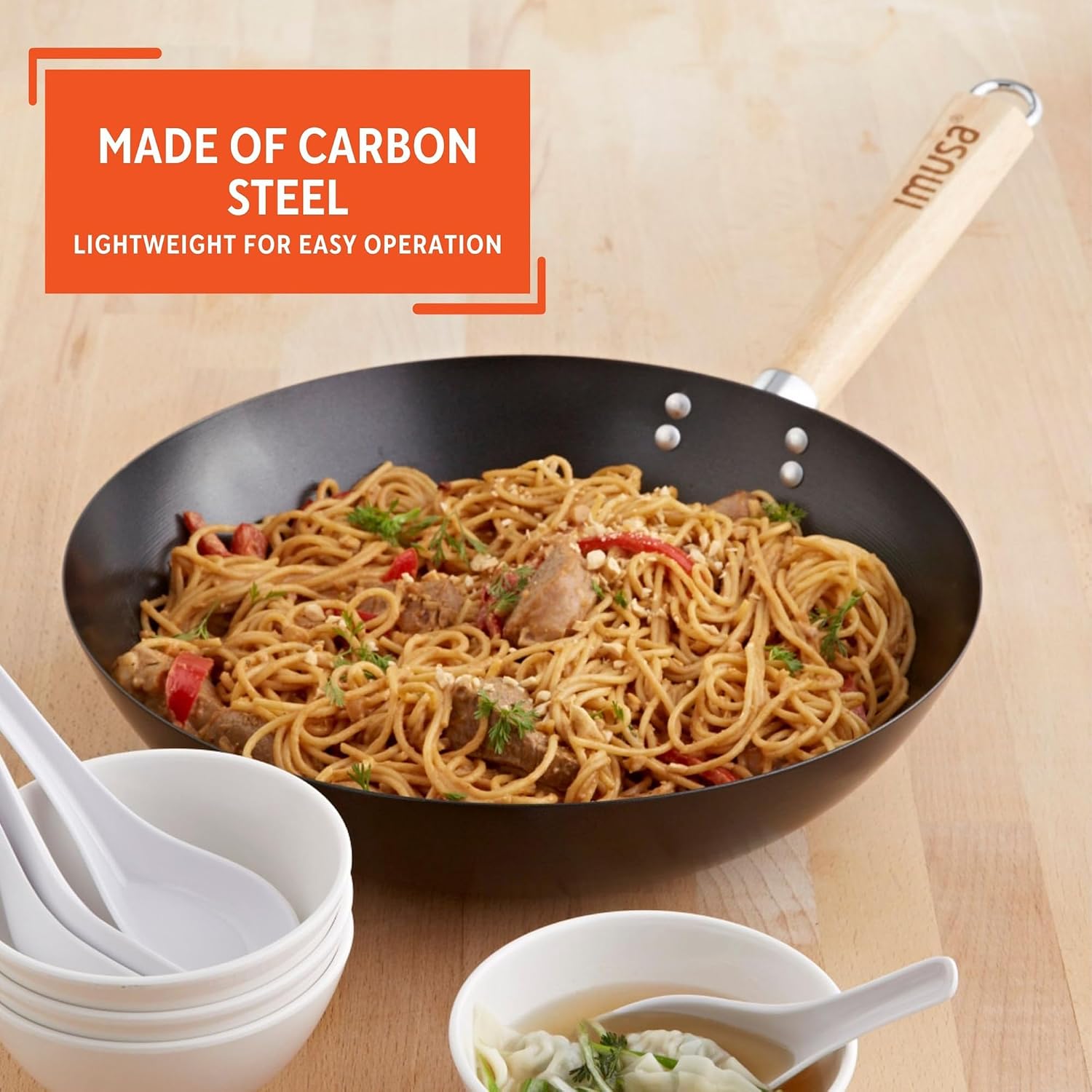 IMUSA 9.5 Inch Carbon Steel Nonstick Wok with Cool-touch Handle, Black | Cool-Touch Handle, Ideal for Stir Fry, Great for Everyday Meals