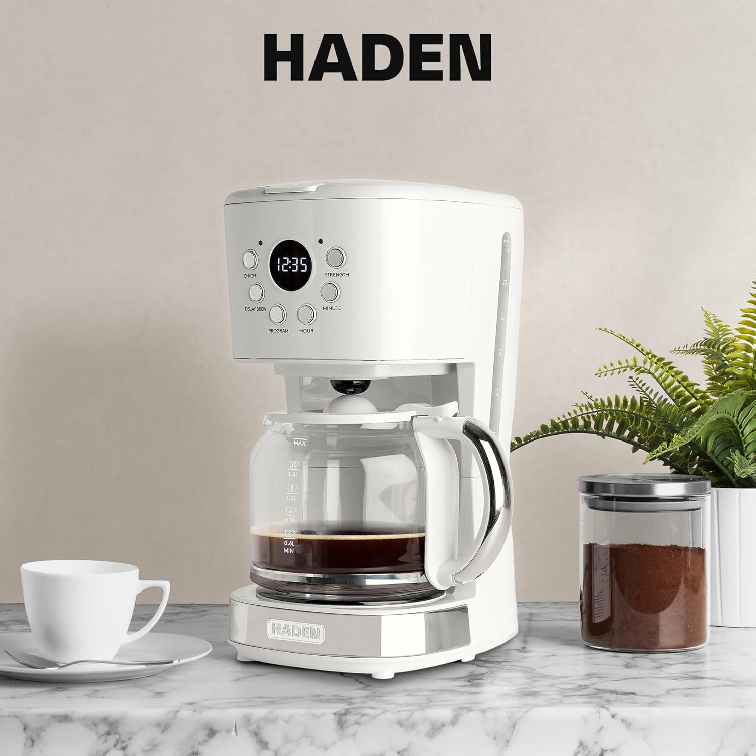 HADEN 12-Cup Programmable Coffee Maker for Home or Office, Putty & Chrome – Drip Brewer Machine with Brew Strength, Delay Brewing