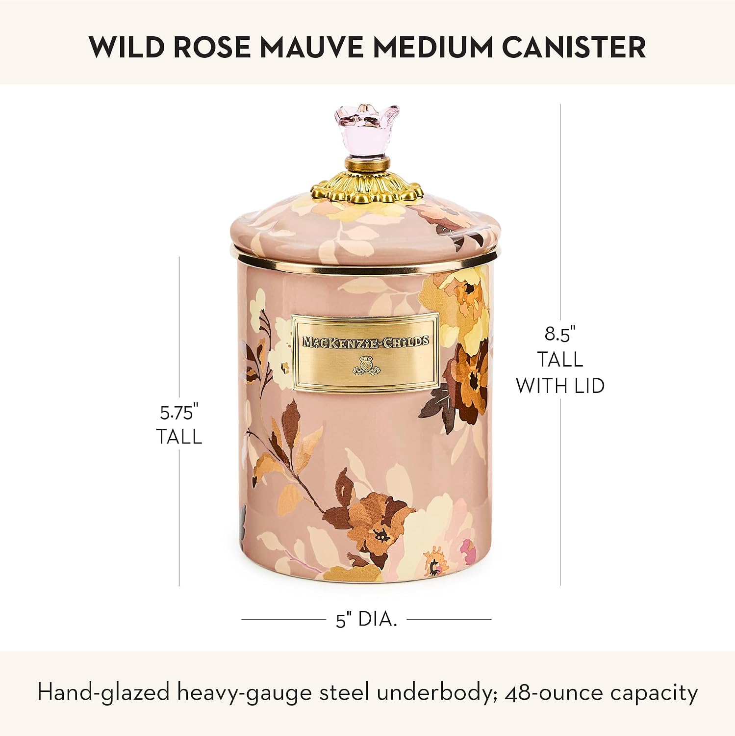 MACKENZIE-CHILDS Enamel Canister, Medium, White Butterfly Garden | Hand-applied design, made from enameled steel, versatile kitchen storage container for flour and sugar, 48-ounce capacity