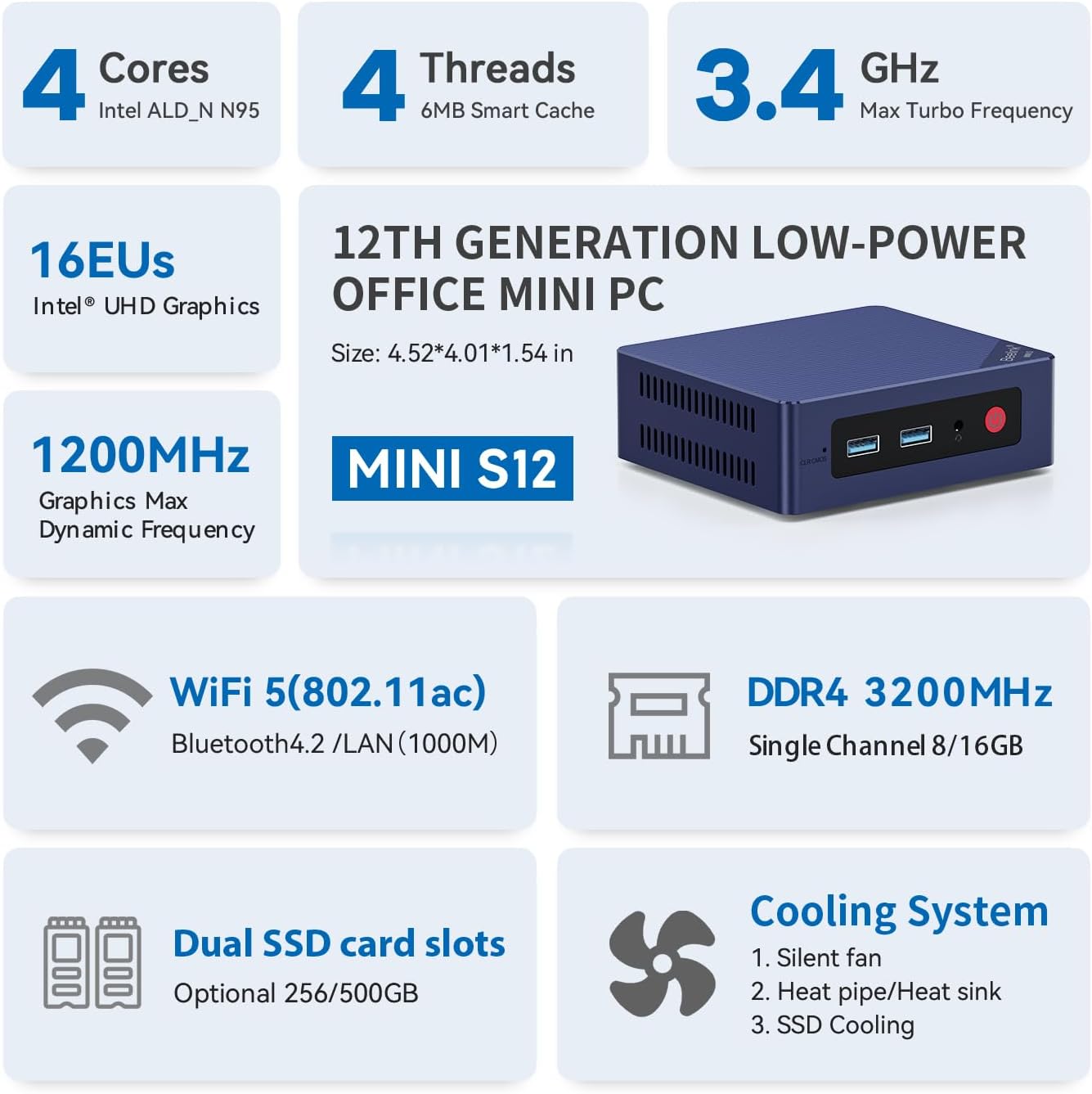 Beelink Mini PC, MINI S12 Intel Lake N95 4C/4T, 8GB DDR4 RAM 256GB SSD