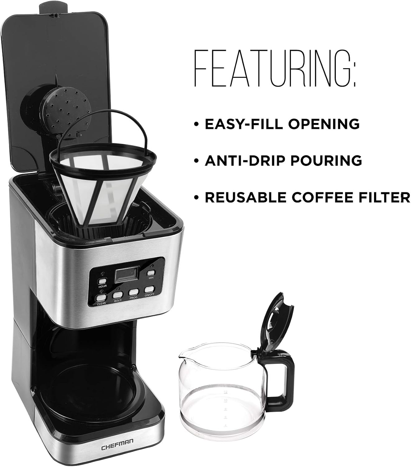 Chefman 12-Cup Programmable Coffee Maker, Electric Brewer, Auto Shut Off, Digital Display w/Auto-Brew Function, Anti-Drip Pot