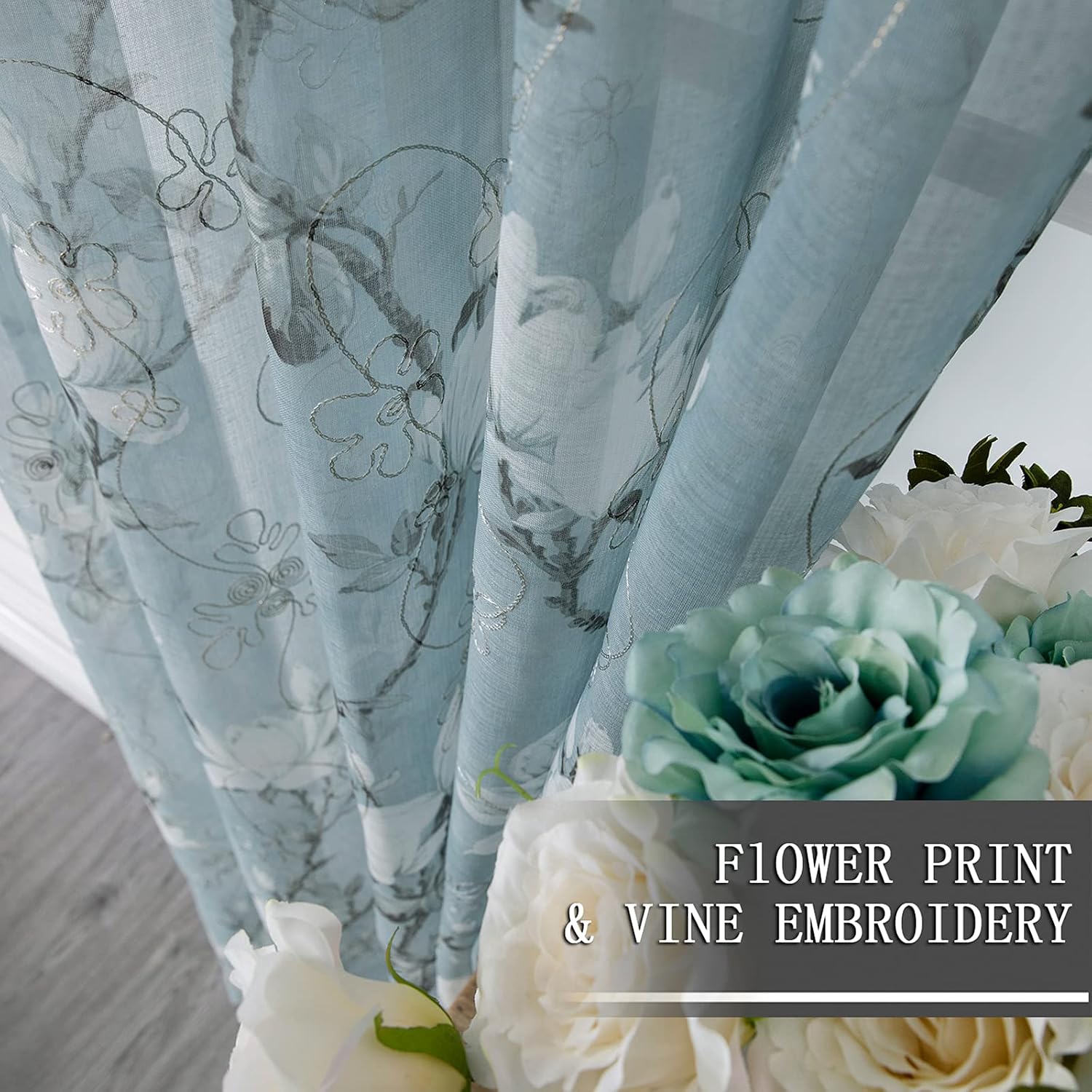 Tollpiz Floral Grey Sheer Curtain Flower Print Vine Embroidery Bedroom Curtains Rod Pocket Voile Window Curtain for Living Room, 54 x 84 inches Long