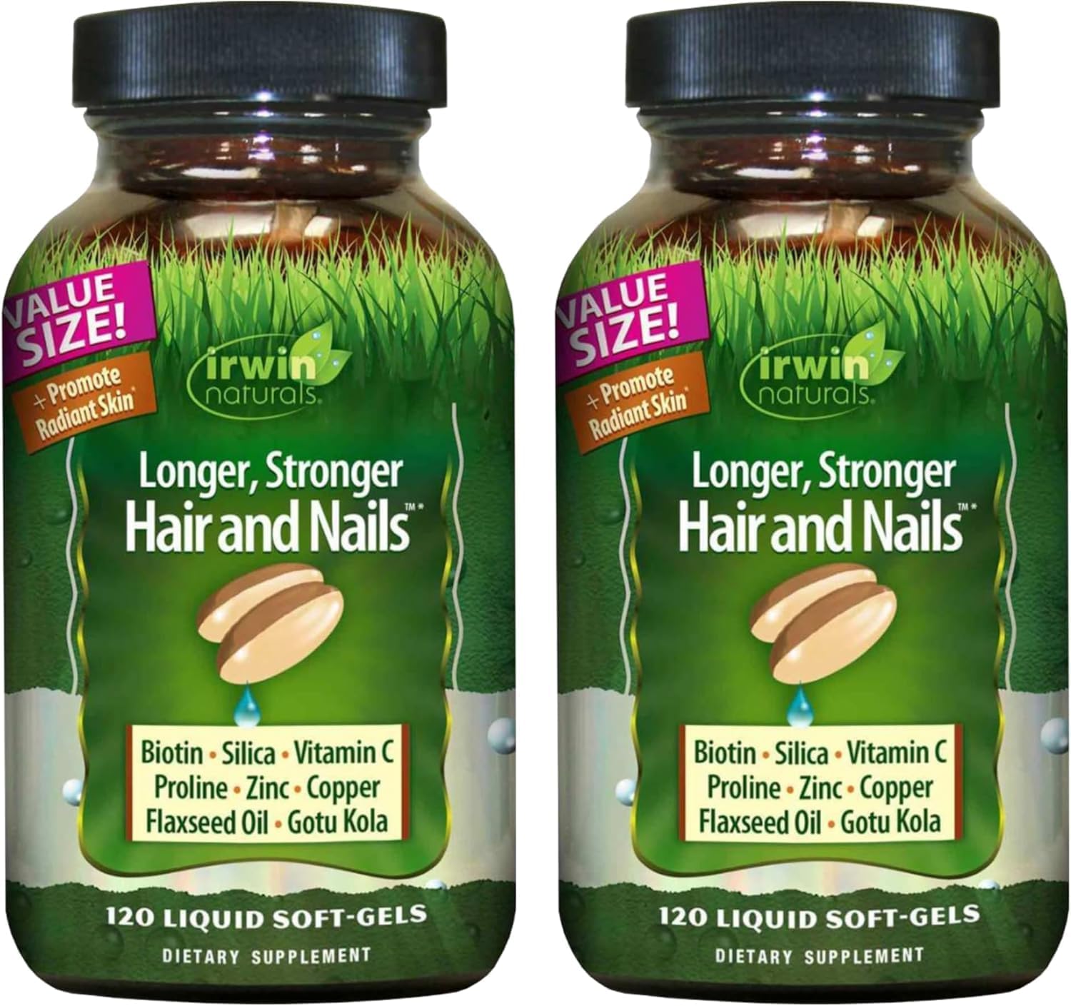 Irwin Naturals Longer, Stronger Hair and Nails - 120 Liquid Softgels - Promotes Vibrant Shine Texture & Strength - 60 Total Servings | Support Shine, Texture, Hair & Nail Strength | Biotin + Horsetail Silica | Connective Tissue Support | 120 Soft-Gels