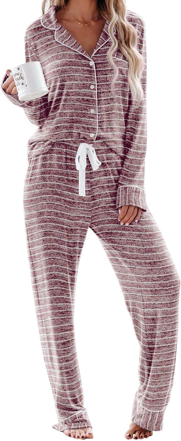 Aamikast Women's Pajama Sets Long Sleeve Button Down Sleepwear Nightwear Soft Pjs Lounge Sets