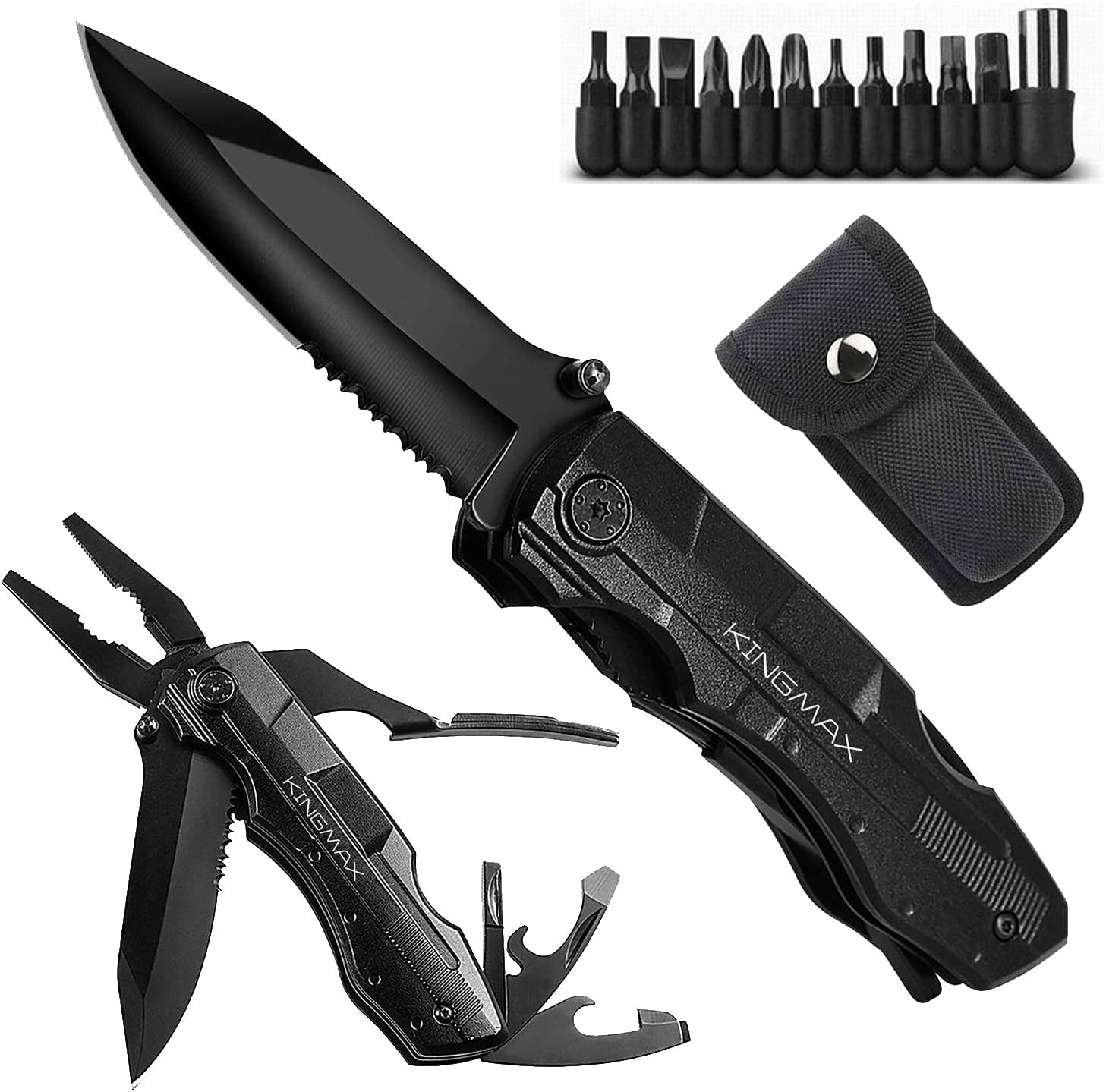 KINGMAX Pocket Knife, Multitool Tactical Knife with Blade, Saw, Plier, Screwdriver, Bottle Opener, Folding Knife Built with Full Stainless Steel
