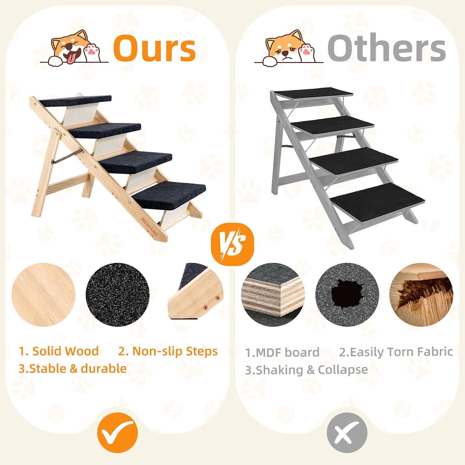 MEWANG Wood Pet Stairs & Ramp for Small/Medium Dogs & Cats, Aging Pets – 2-in-1 Foldable, Portable, Non-Slip Pet Ladder for Tall Beds, Couches