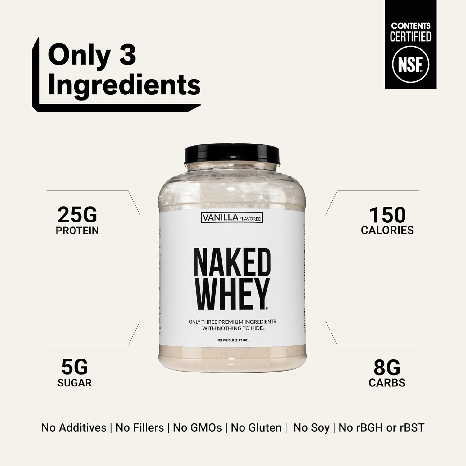 NAKED Whey 5LB 100% Grass Fed Unflavored Whey Protein Powder - Only 1 Ingredient, NSF Certified, Undenatured, Gluten Free, Soy Free, Promote Muscle Growth and Recovery - 76 Servings