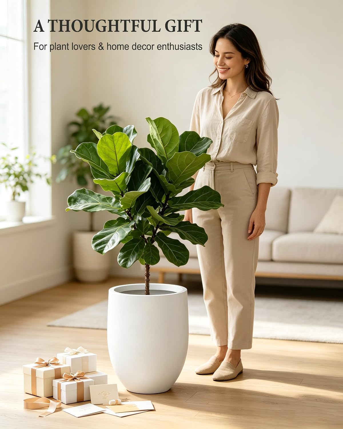 Kante Tall Concrete Planter 21.7" Modern White Floor Pot for Indoor Outdoor