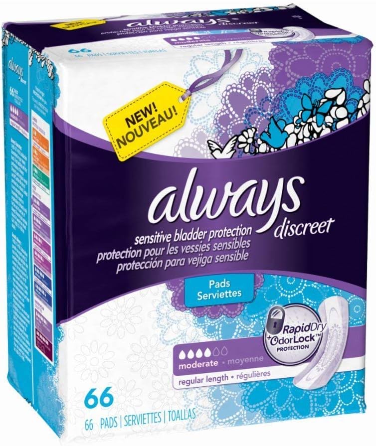 Always Discreet Adult Incontinence Pads for Women, Drier, 4 Drop Long Length, Moderate Absorbency, Pads for Bladder Control Management, Bladder Leaks, & Postpartum Pads, 54ct