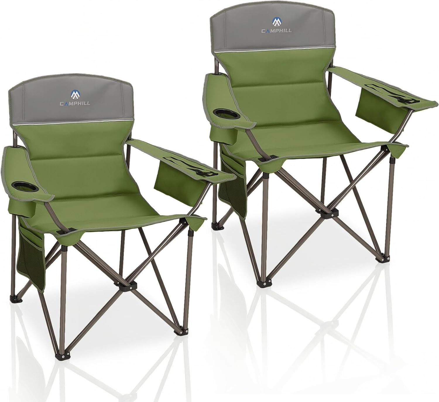 Oversized Camping Chairs 2 Pack - Heavy Duty 400LBS Padded Lawn Chair with Cooler Bag,Cup Holder,Side Pocket,Collapsible for Outdoor,Camp,Fishing & Garden,Dark Green