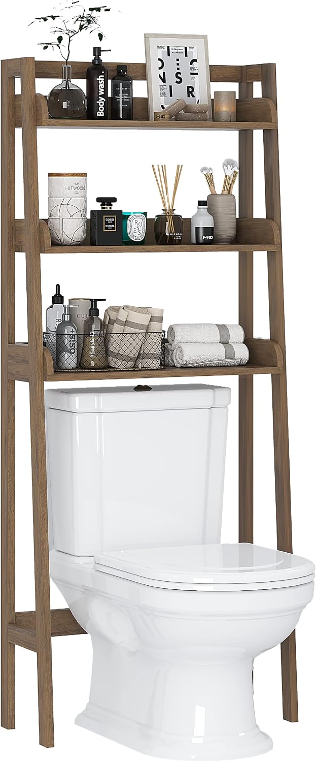 UTEX Over The Toilet Storage Shelf, 3-Tier Bathroom Organizer, White | FSC-Certified MDF, Open Ladder Design, Adjustable Lower Crossbar, Anti-tip Hardware, 33-Inch Clearance, Raised Side Guards