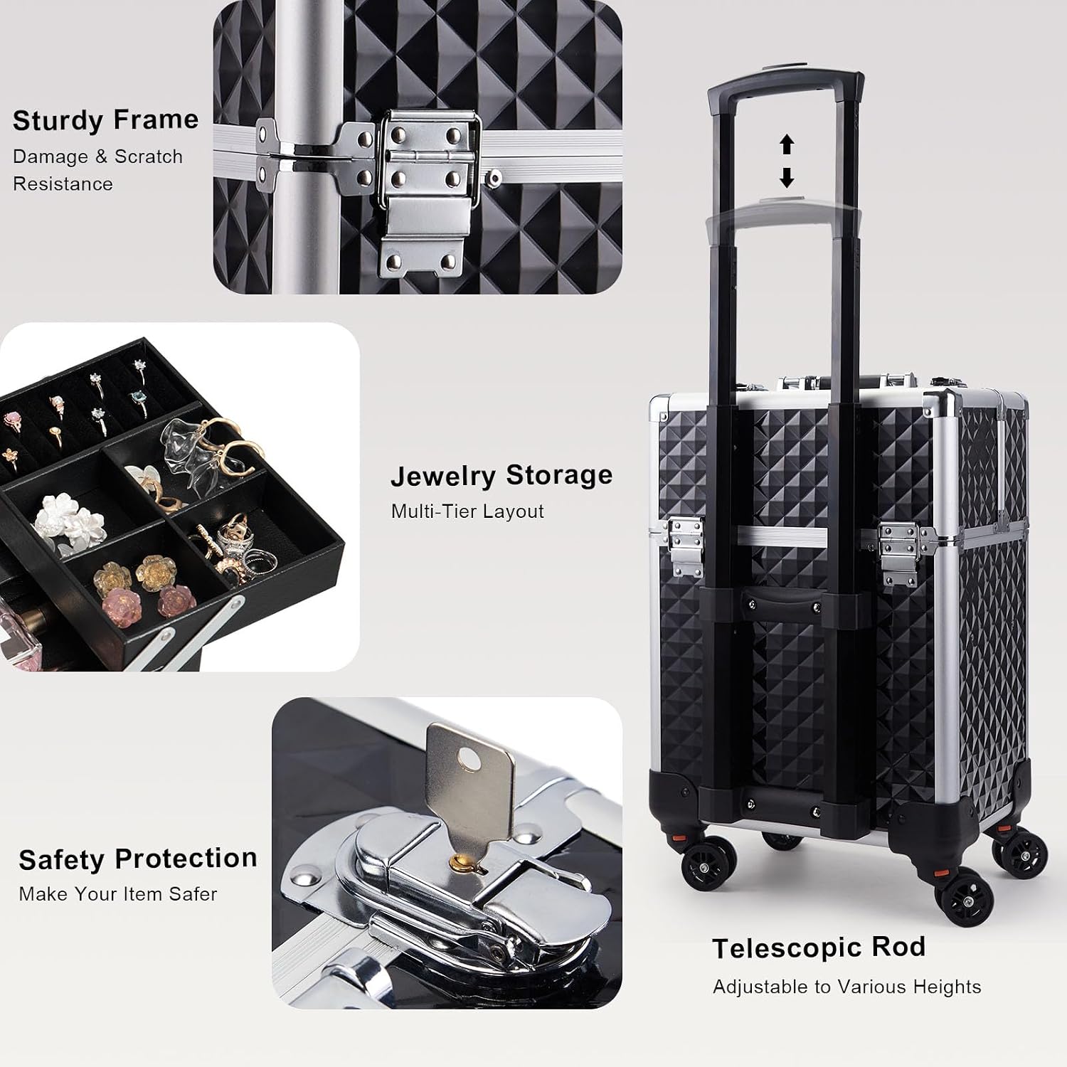 Stagiant Rolling Makeup Train Case Large Storage Cosmetic Trolley 4 Tray with Sliding Rail Removable Middle Layer with Key Swivel Wheels Salon