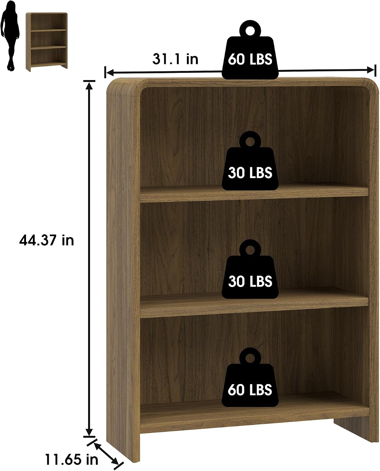 Bevfint 44" Bookcase Tall 3 Shelves Wood Bookshelf with Curved Soft Edges, Heavy Duty Storage Cabinet for Professional Home Office and Living Room, Modern Natural Oak Grain Finish