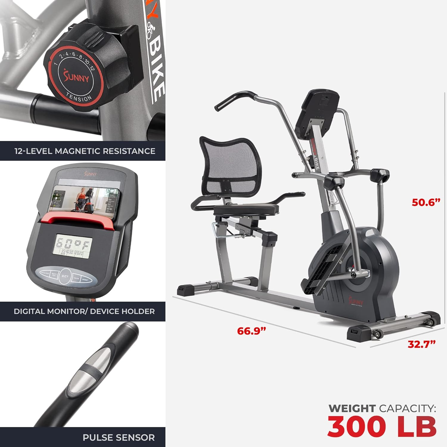 Sunny Health & Fitness Smart Recumbent Cross Trainer with Arm Exerciser | Dual Function Full-Body Workout, 8-Lvl Magnetic Resistance, Adjustable Seat