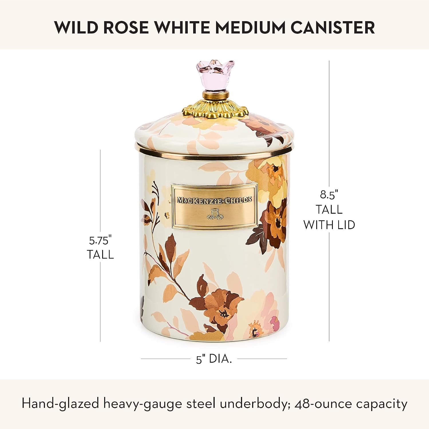 MACKENZIE-CHILDS Enamel Canister, Medium, White Butterfly Garden | Hand-applied design, made from enameled steel, versatile kitchen storage container for flour and sugar, 48-ounce capacity