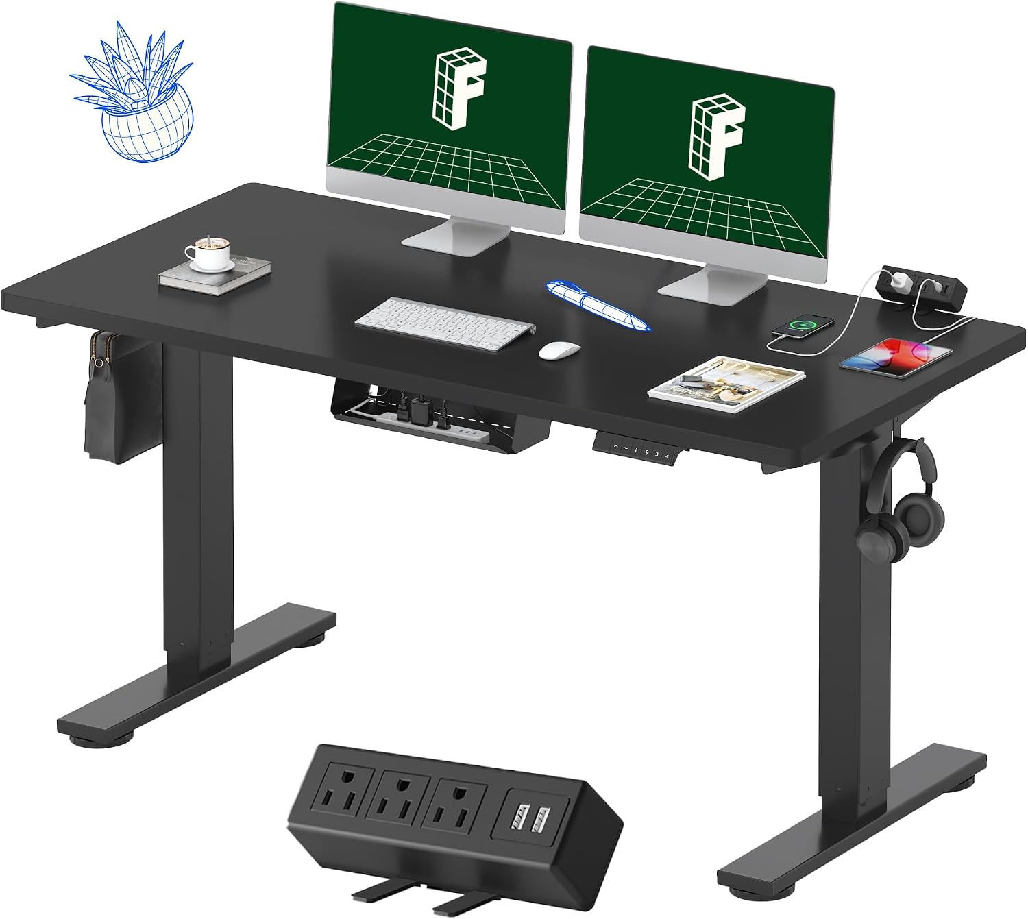 FLEXISPOT EN2 48"x24" Standing Desk with Power Strip Bundle, Black