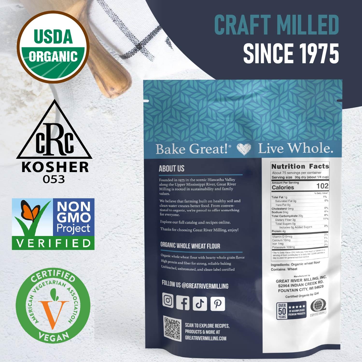 Great River Milling Organic Whole Wheat Flour, High Protein, 25 lb