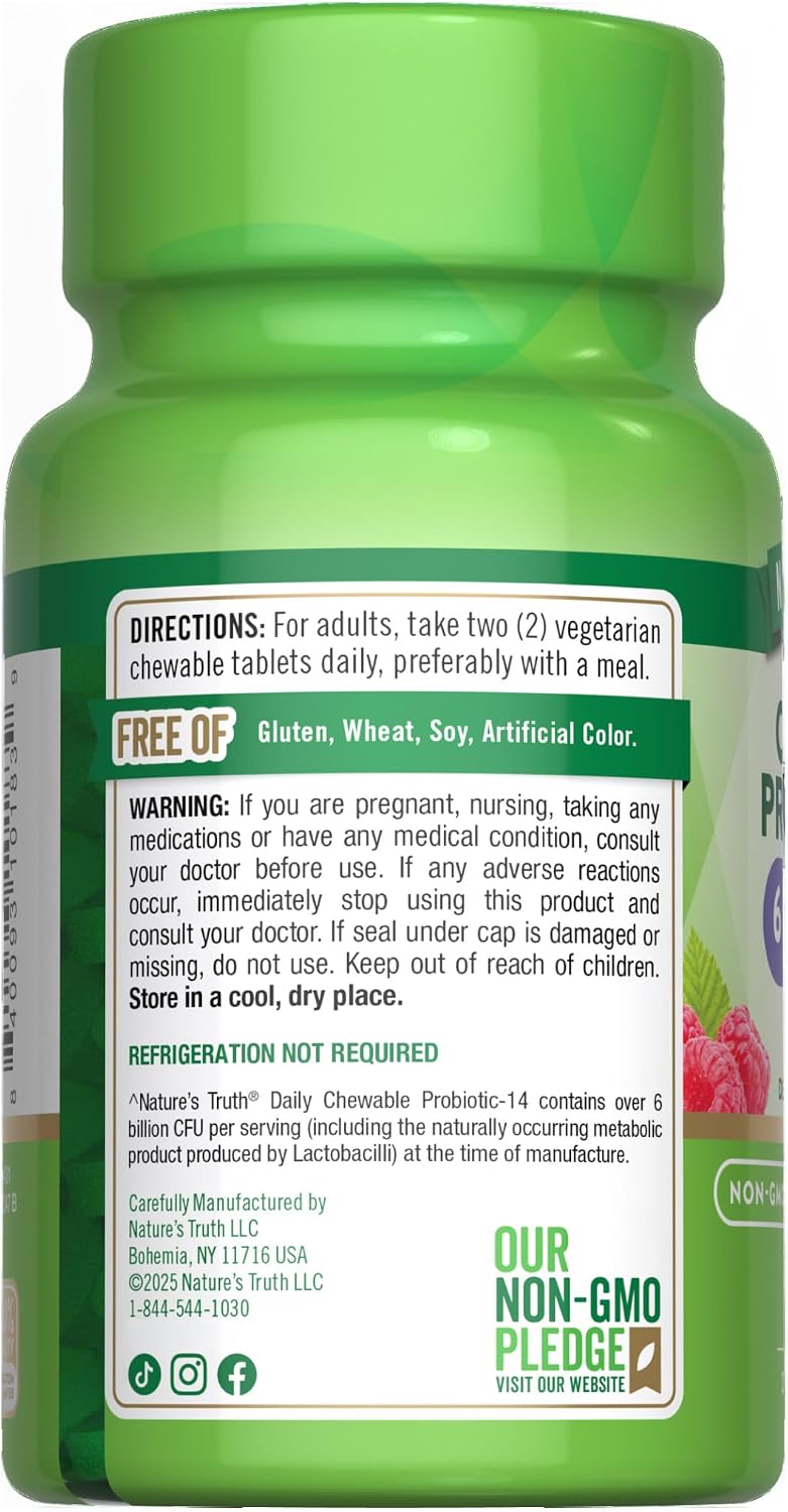 Nature's Truth Probiotic Chewable for Men and Women | 6 Billion CFU | 60 Count | 14 Strains | Berry Flavor | Vegetarian, Non-GMO & Gluten Free