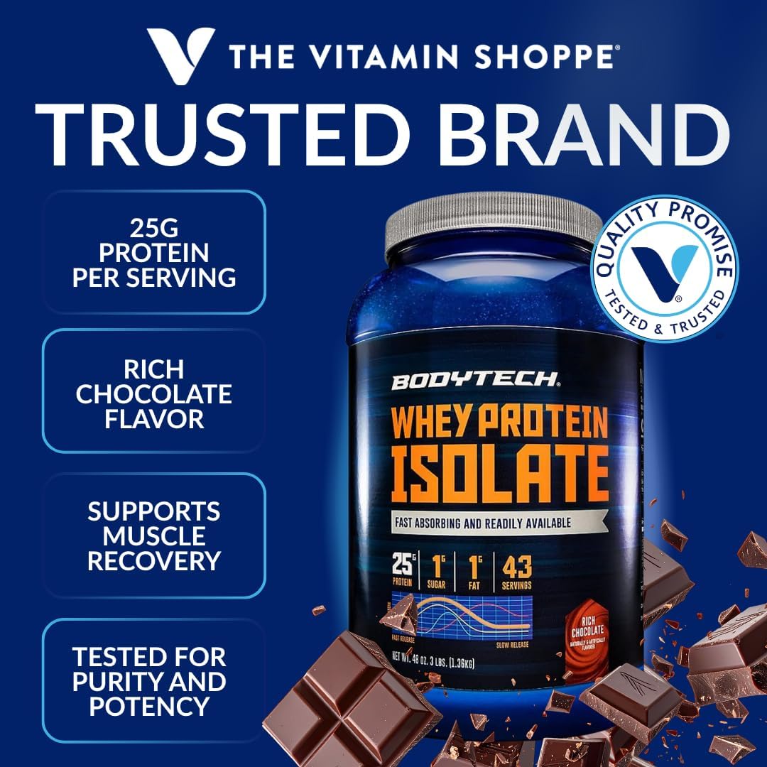 BodyTech Whey Protein Isolate Powder, Rich Chocolate, 3 LB, 43 Servings | 24G per Serving