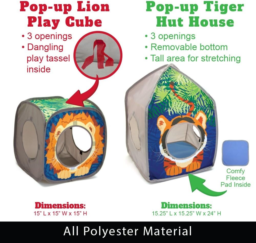 Kitty City Safari Jungle Pop-Up Cat Cube, Collapsible Indoor Cat Hideout & Play Cube with Peekaboo Openings, Easy Storage, 15” x 15” x 15”