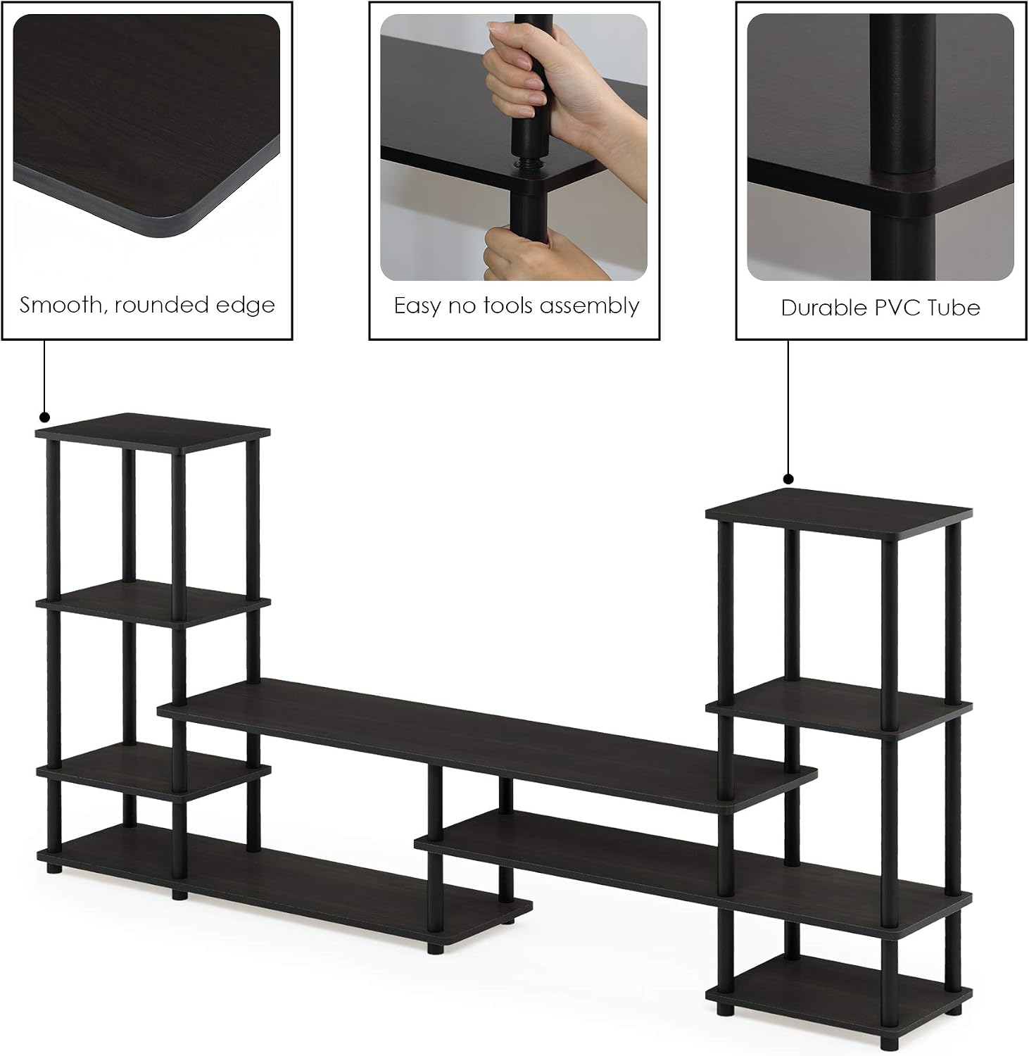 Furinno Nelly TV Stand, 3-Tier Entertainment Center with Open Shelves Storage, TV Console for TV up to 55 Inch, Soft Edges, for Living Room, Bedroom, Black