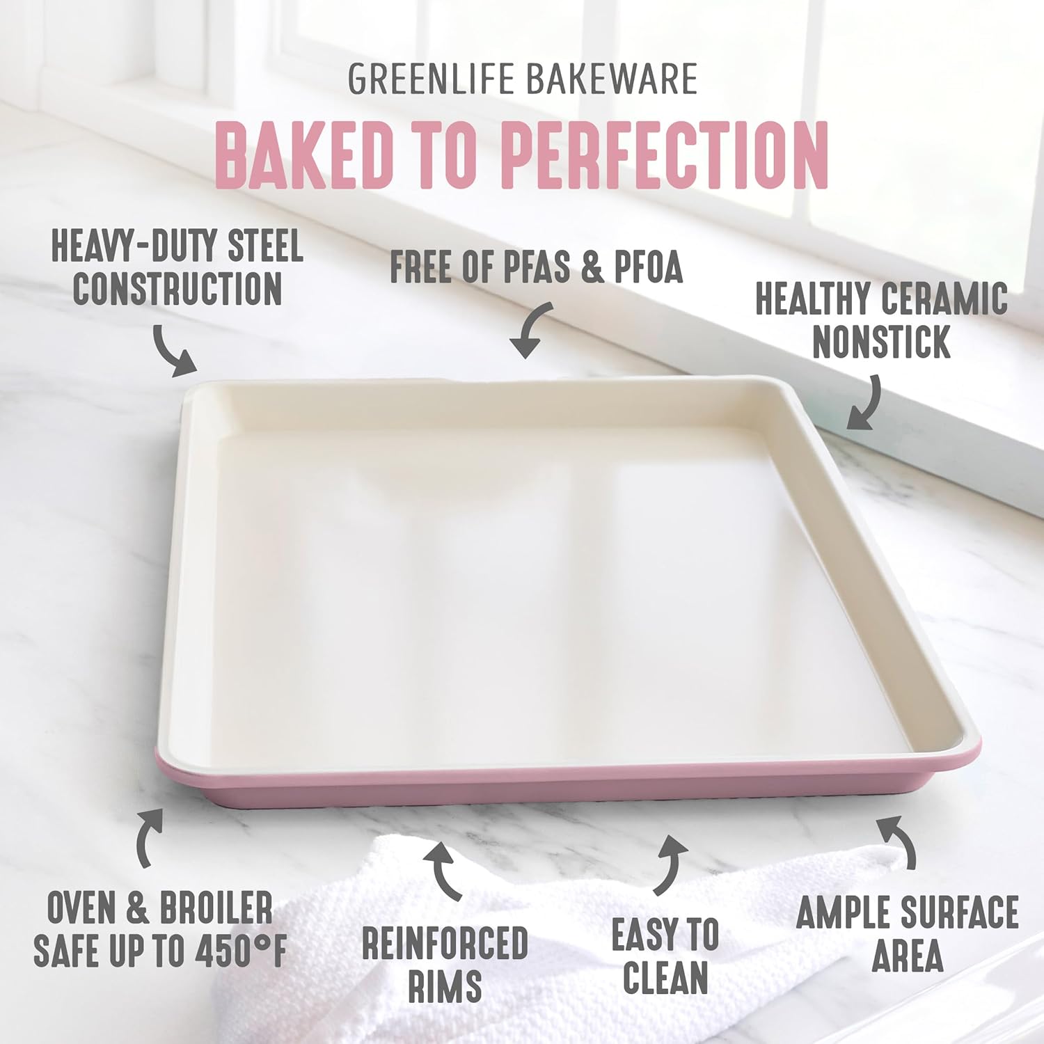 GreenLife 13" x 9" Quarter Sheet Baking Pans, 2 Piece Bakeware Set, PFAS-Free Ceramic Nonstick Rectangular Cookie Trays, Oven Safe to 450°F
