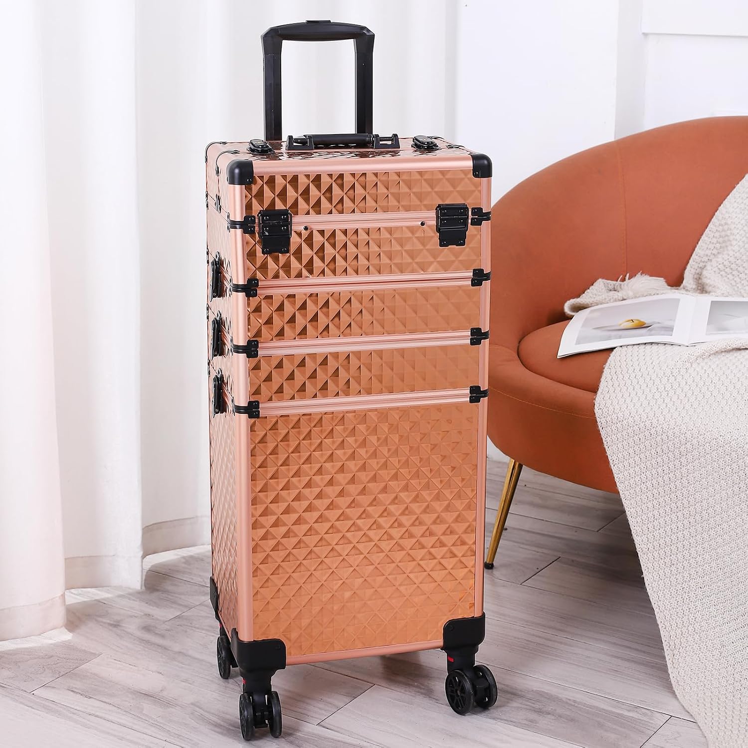 mefeir 4 in 1 Rolling Makeup Train Case, Aluminum Makeup Travel Organizer Cosmetic Case, Cosmetology Display Suitcase on Wheels, Beauty Storage Luggage Lockable w/4 Removable Wheels (Black)