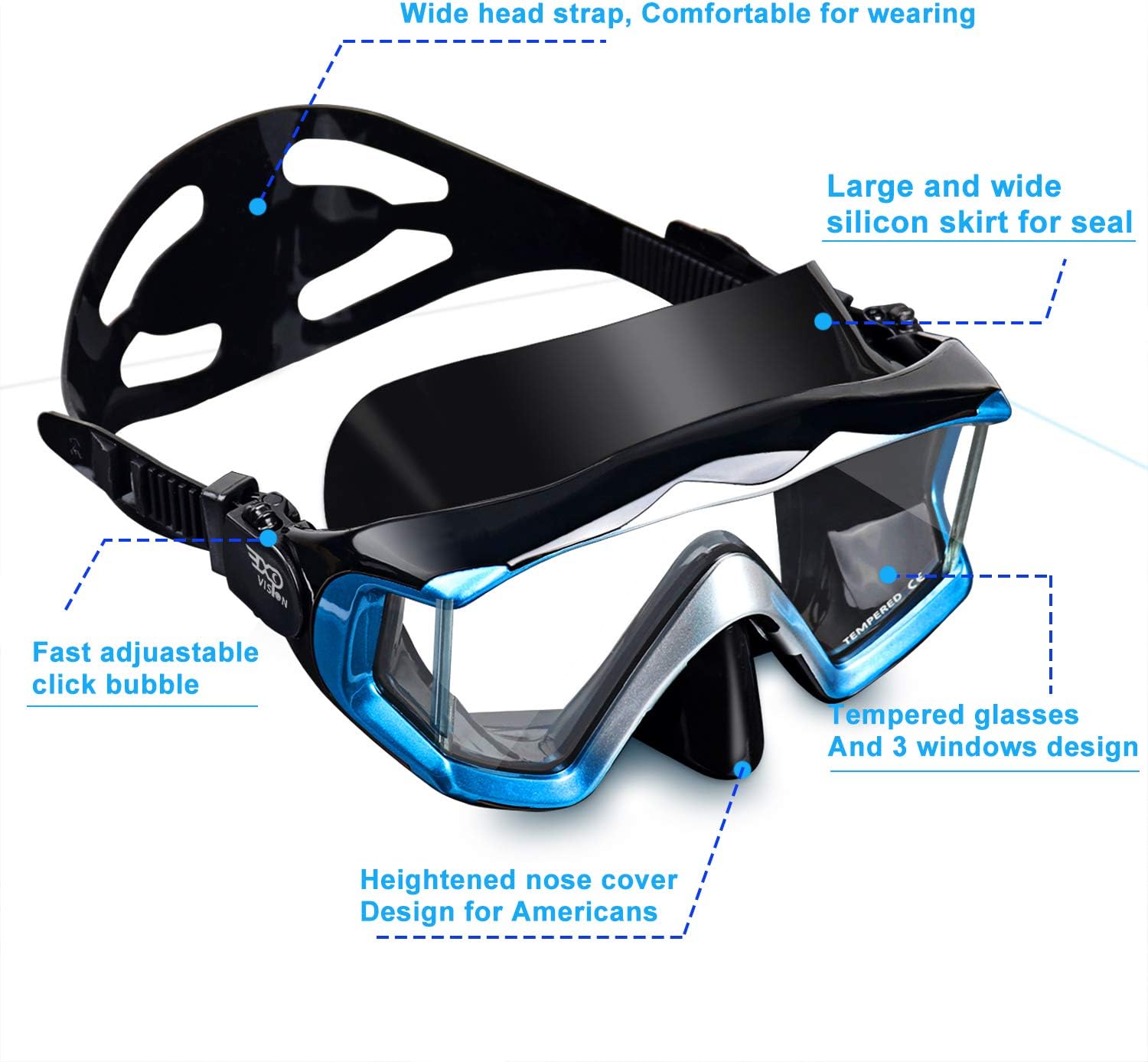 Adult Pano 3 Scuba Diving Mask, Tempered Glass Snorkel Mask Anti-Fog Swim Mask No Leakage Swim Goggles with Nose Cover Snorkeling Gear for Snorkeling