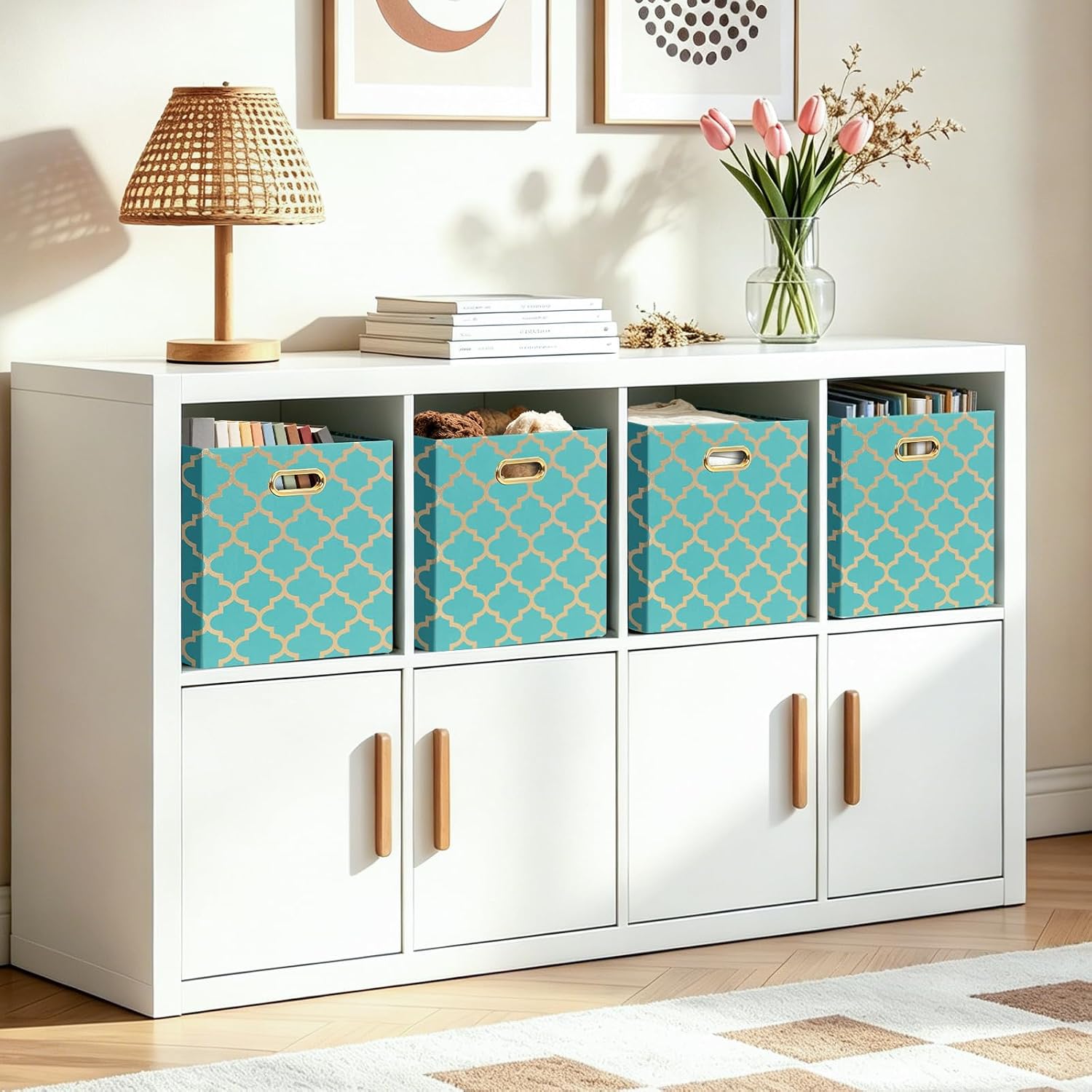 Posprica Storage Bins, Storage Cubes,13×13 Fabric Drawers Organizer Basket Boxes Containers (13×13×13/4pcs, Cream/gold geometry Pattern)