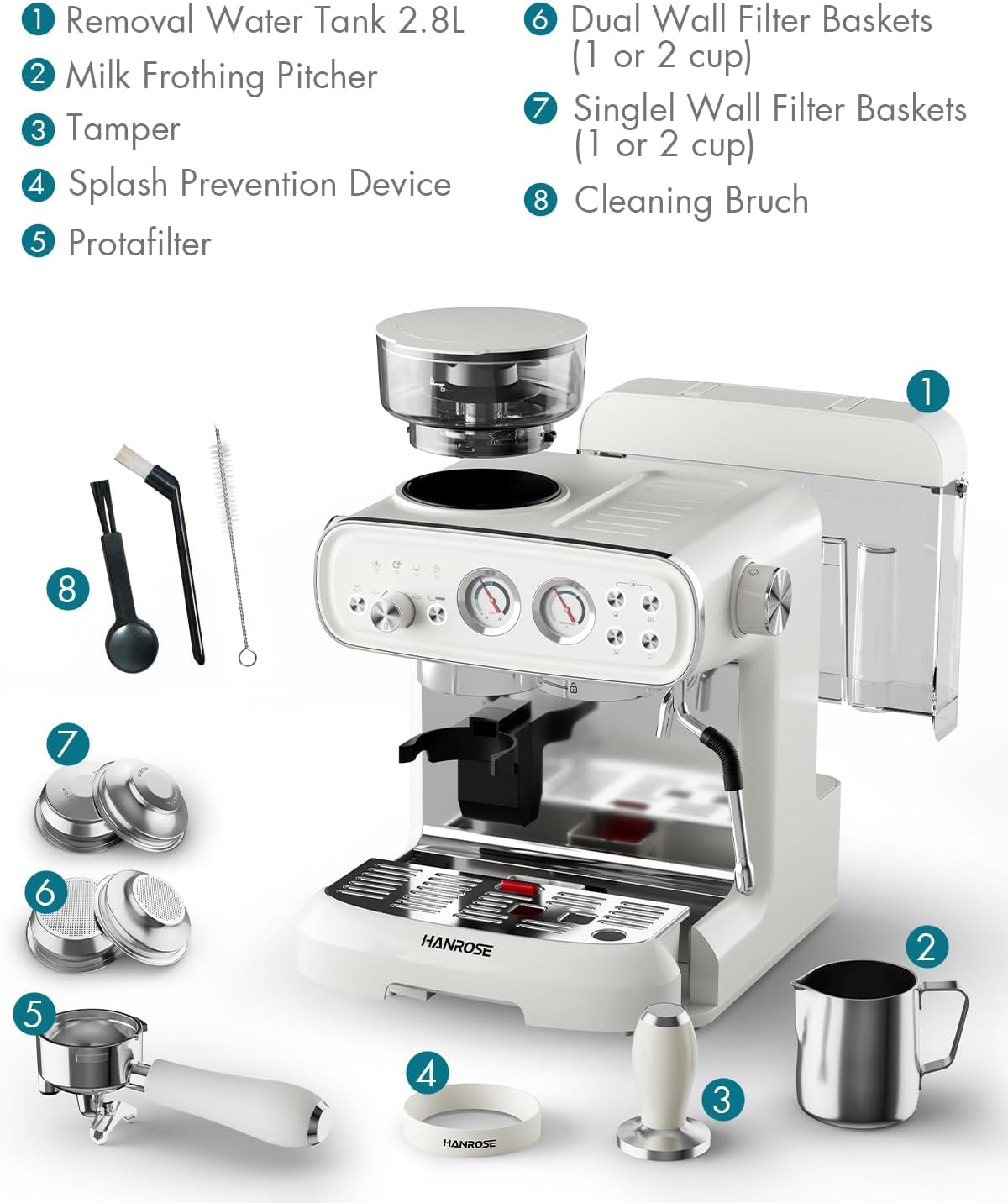 Espresso Machine with Grinder and Milk Frother, 20 Bar ULKA Pump | Fully Removable Burr Assembly, Adjustable Dosing & Independent Hot Water for Latte