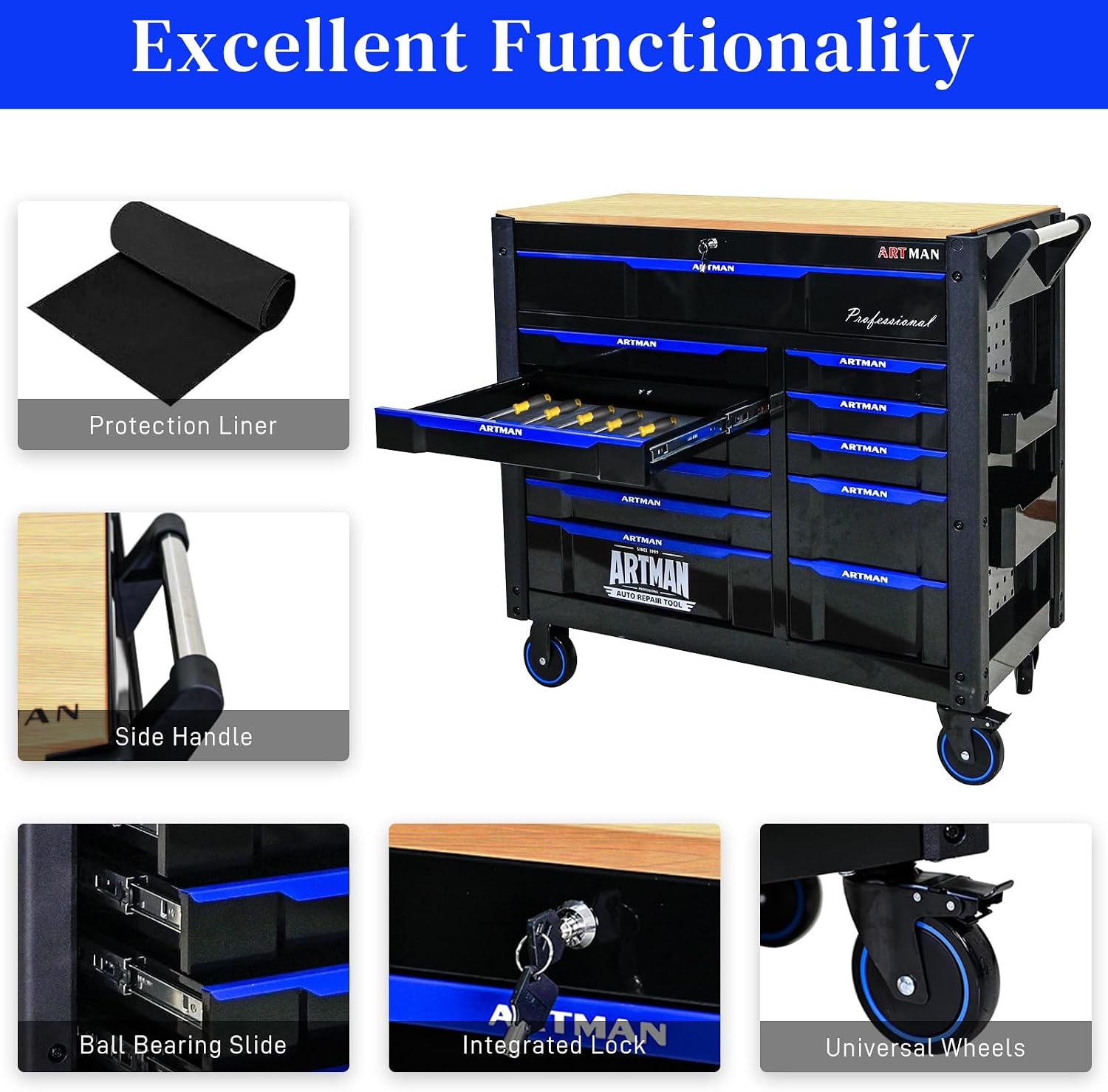 12-Drawer Rolling Tool Chest with Wood Top, Heavy Duty Cabinet | Heavy-duty metal tool chest with 12 drawers