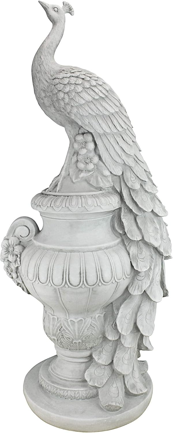 Design Toscano Staverden Castle Peacock on an Urn Garden Statue, 34 Inch Tall, Cast Stone Resin, Antique Stone Finish