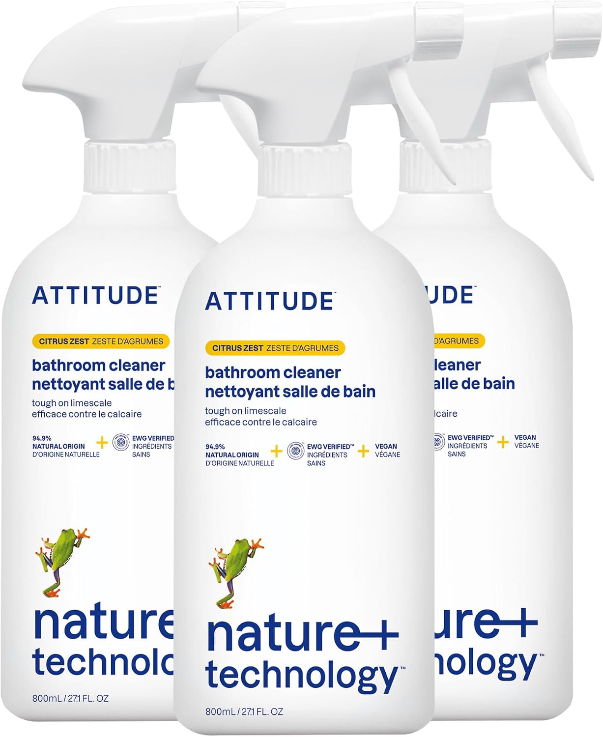 ATTITUDE Bathroom Cleaner Spray, EWG Verified, Plant-Based & Vegan, Safe for Bathroom Surfaces, Tiles, Tubs, Shower Walls, and Grout, Citrus Zest Scent, 27.1 Fl Oz