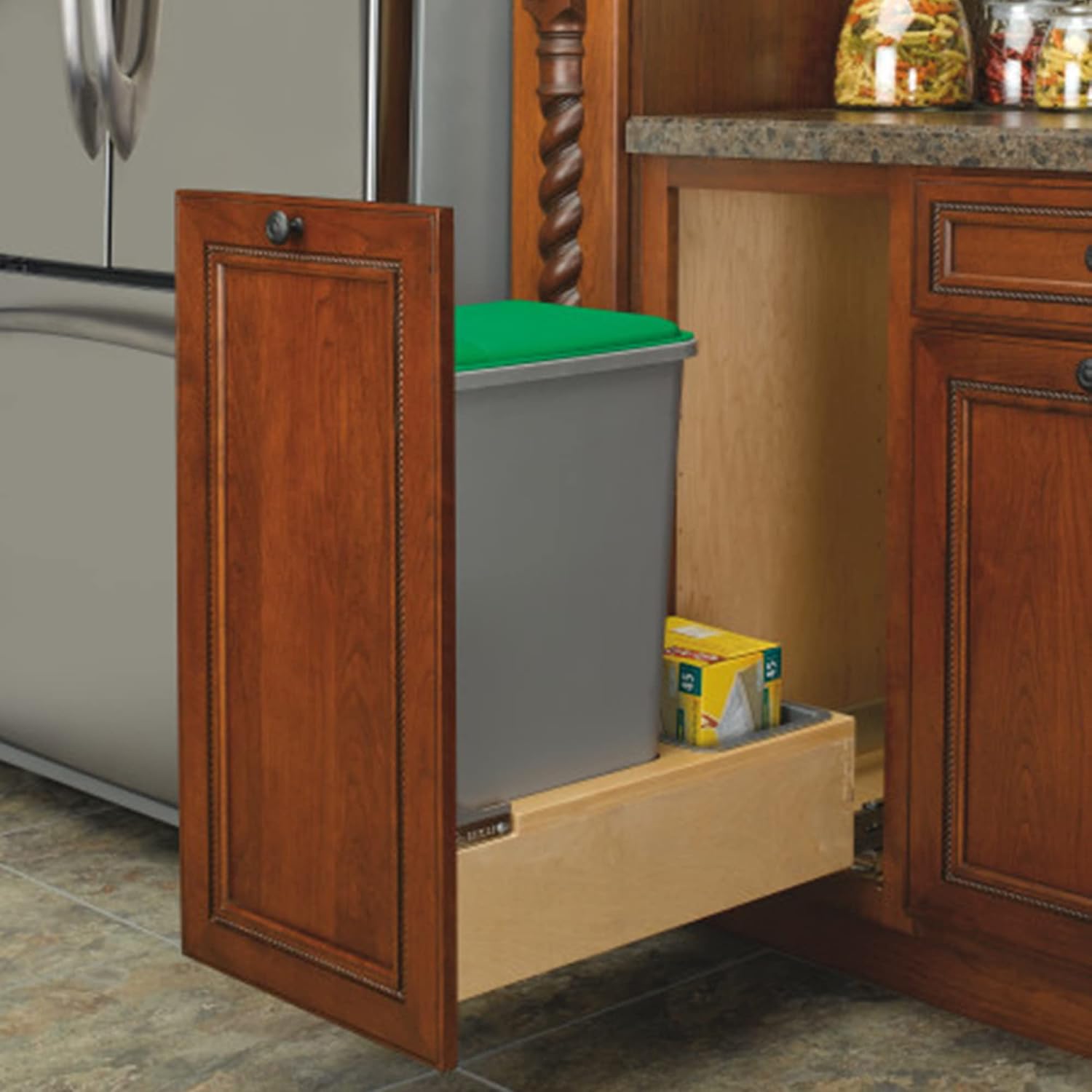Rev-A-Shelf Pullout Under Counter Trash Can, 50 Qt 12.5 Gal Garbage Container with Soft-Close and Soft-Open Slides, Silver, 4WCBM-1550DM-1