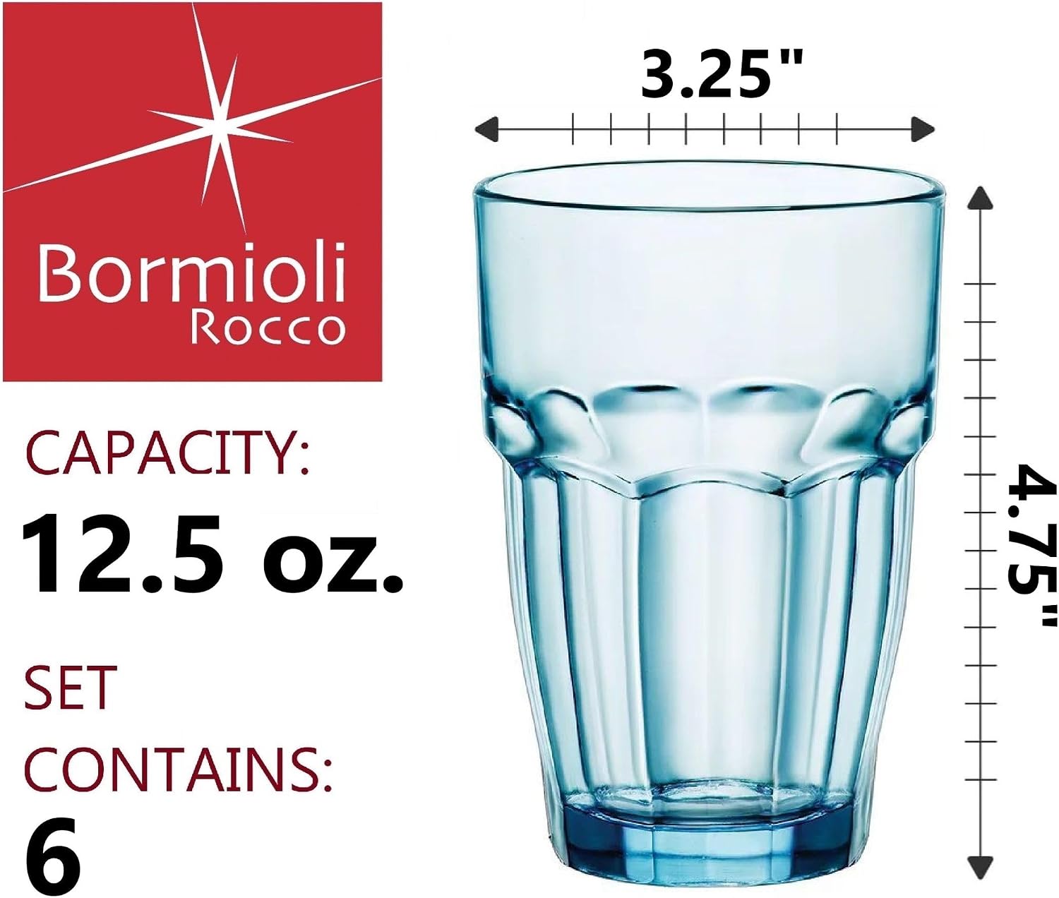 Bormioli Rocco Rock Bar 12.5 oz. Long Drink Stackable Tempered Beverage Glasses for Cold Drinks, Water, and Cocktails, Set of 6, Ice Blue