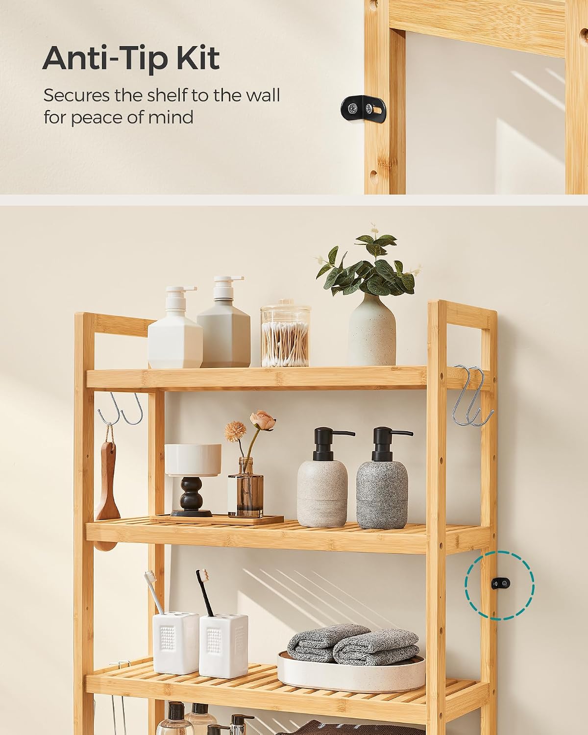 SONGMICS Over The Toilet Storage, 3-Tier Over Toilet Bathroom Organizer with Adjustable Shelf, 10.2 x 24.8 x 66.9 Inches, Space-Saving, Cloud White UBTS01WT