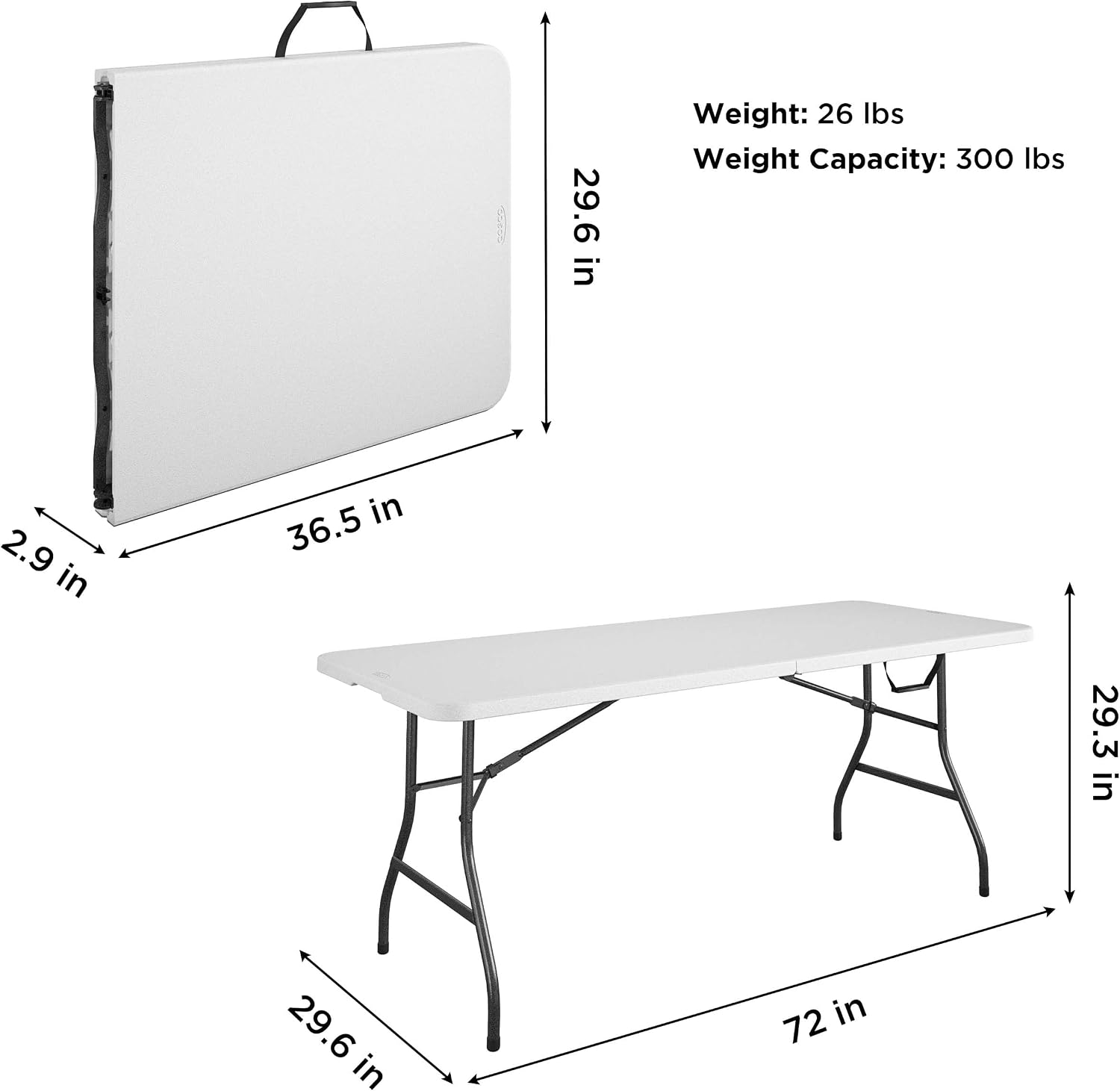 Cosco 6ft Fold-in-Half Blow Molded Folding Table, Indoor/Outdoor, Comfort Handle, Lightweight Plastic Construction - White