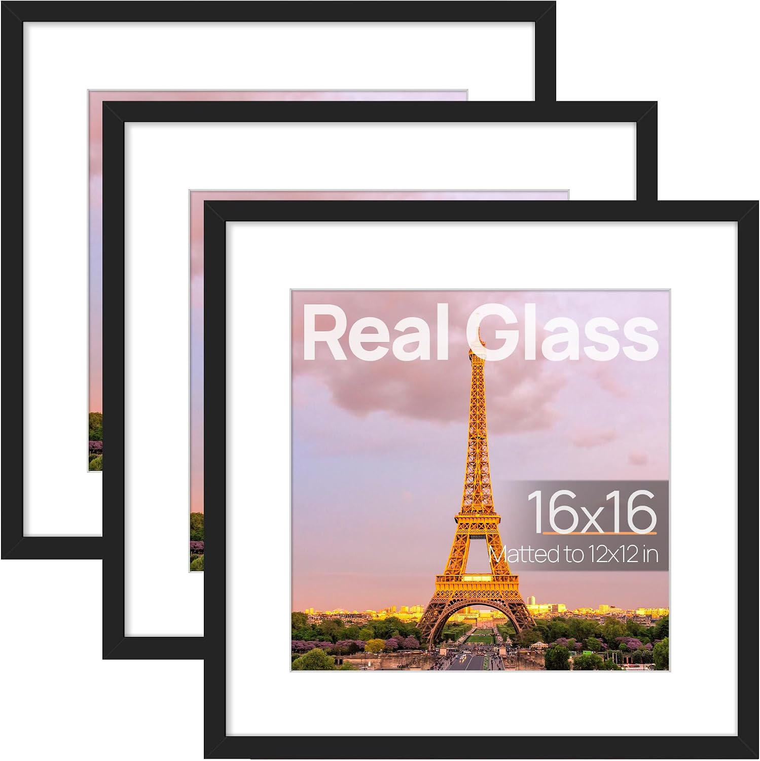 upsimples 12x12 Picture Frame, Gallery Glass Poster Frames Set of 3, Black