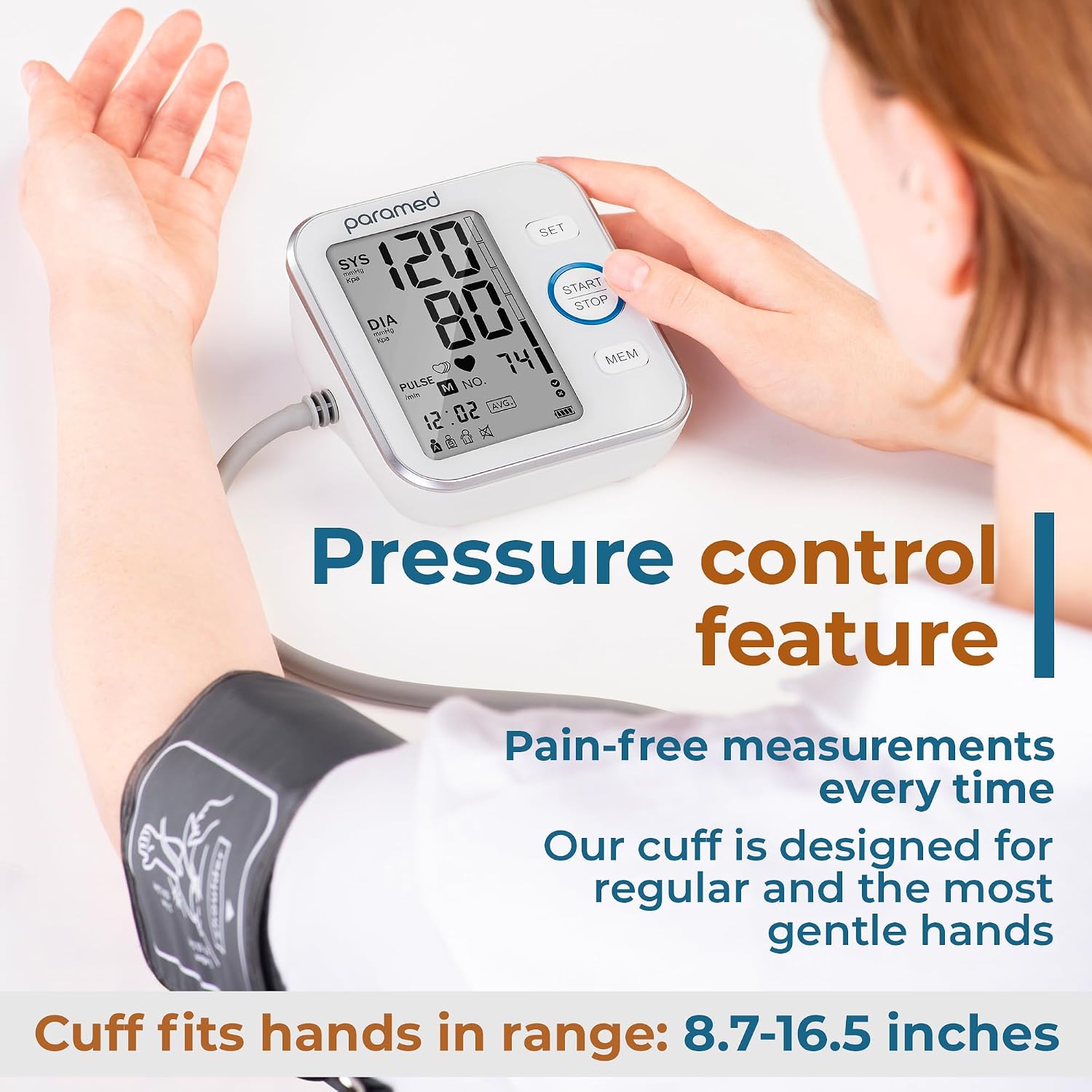 Paramed Blood Pressure Monitor - Bp Machine - Automatic Upper Arm Blood Pressure Cuff 8.7-16.5 inches - Large LCD Display 120 Sets Memory - Device