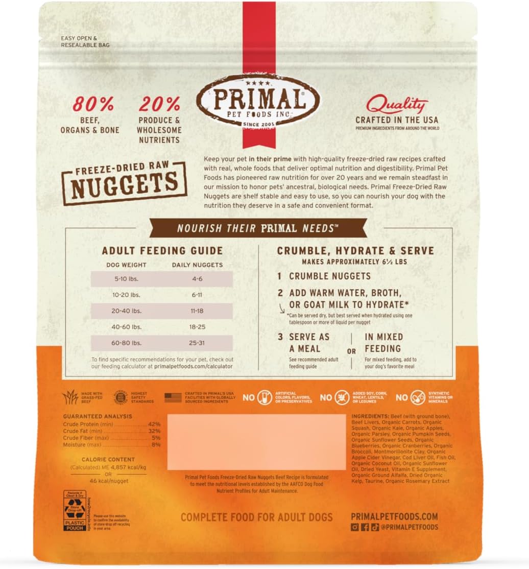 Primal Freeze Dried Raw Dog Food Nuggets, Beef, 14 oz | Complete & Balanced Nutrition, Meal, Topper or Treat, Grain-Free, High Protein, No Synthetic Vitamins & Minerals