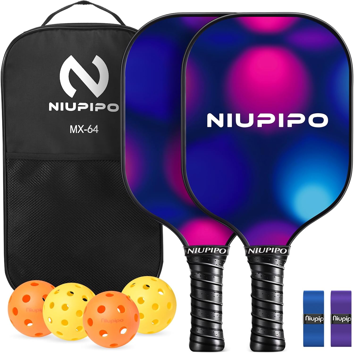 niupipo Pickleball Paddles Set of 2 or 4, USAPA Approved Fiberglass Pickleball Paddle Set with Balls and Bag, Polypropylene Honeycomb Core