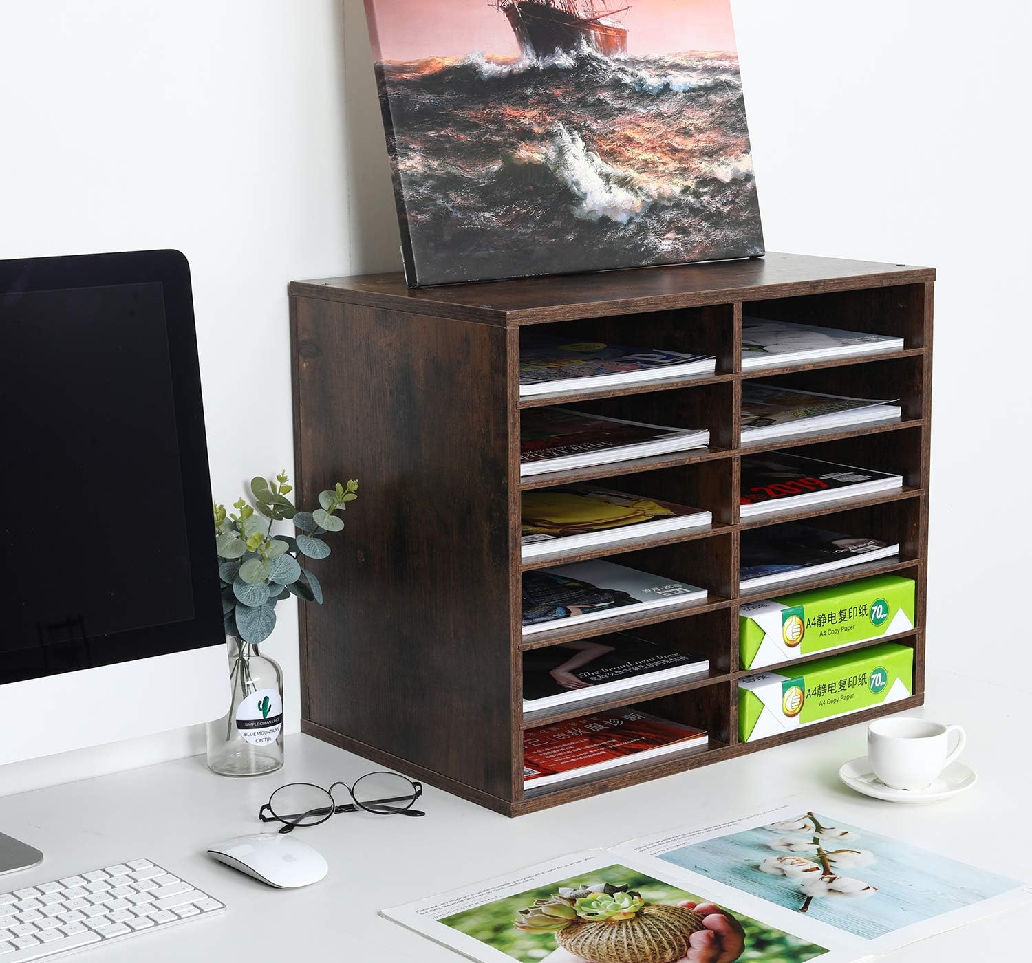 EasyPAG 12 Compartments Wooden Literature Organizer with Adjustable Shelves, 6000 Sheets Capacity Paper Organizer