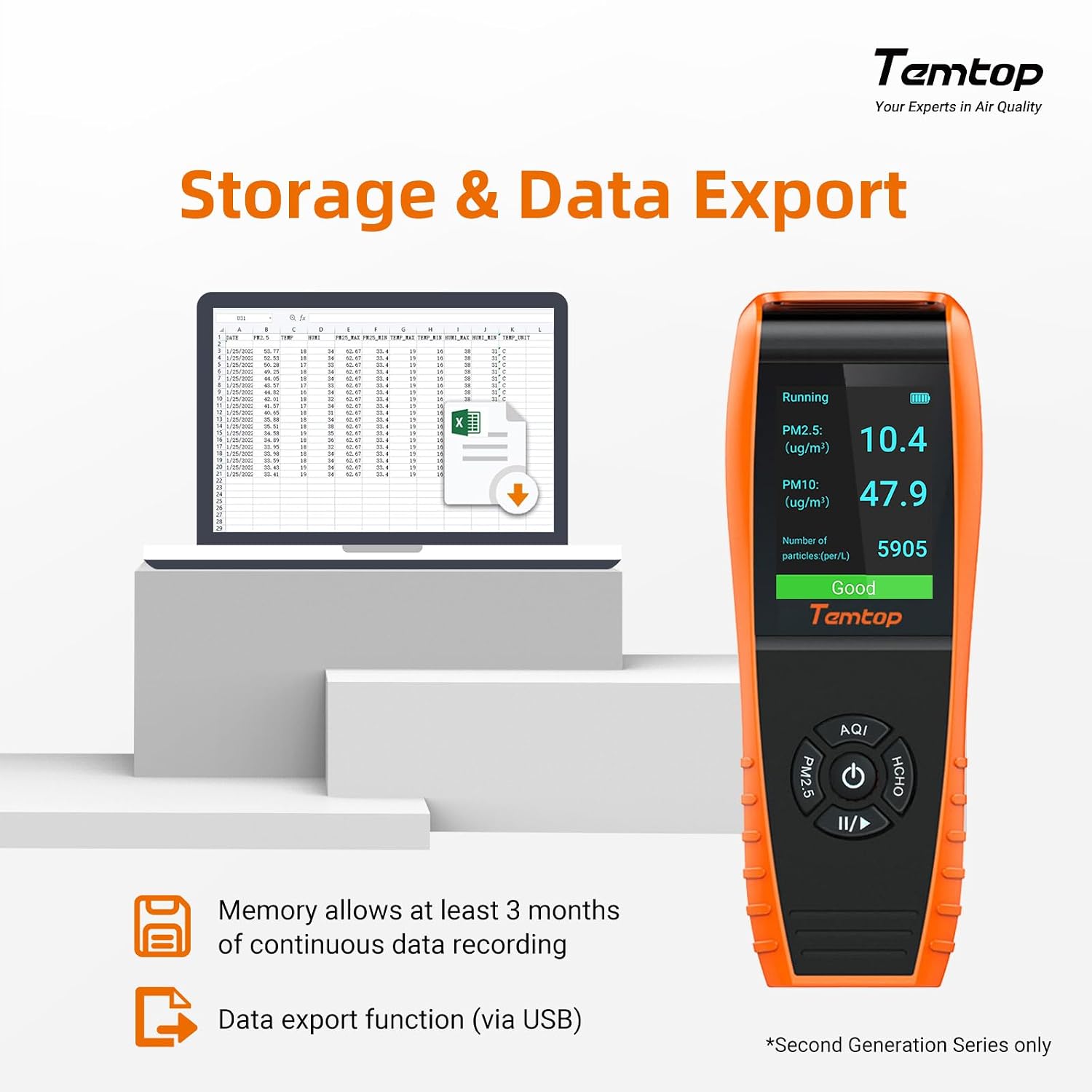 Temtop Air Quality Monitor PM2.5 PM10 Particle Counter, Formaldehyde, Temperature, Humidity