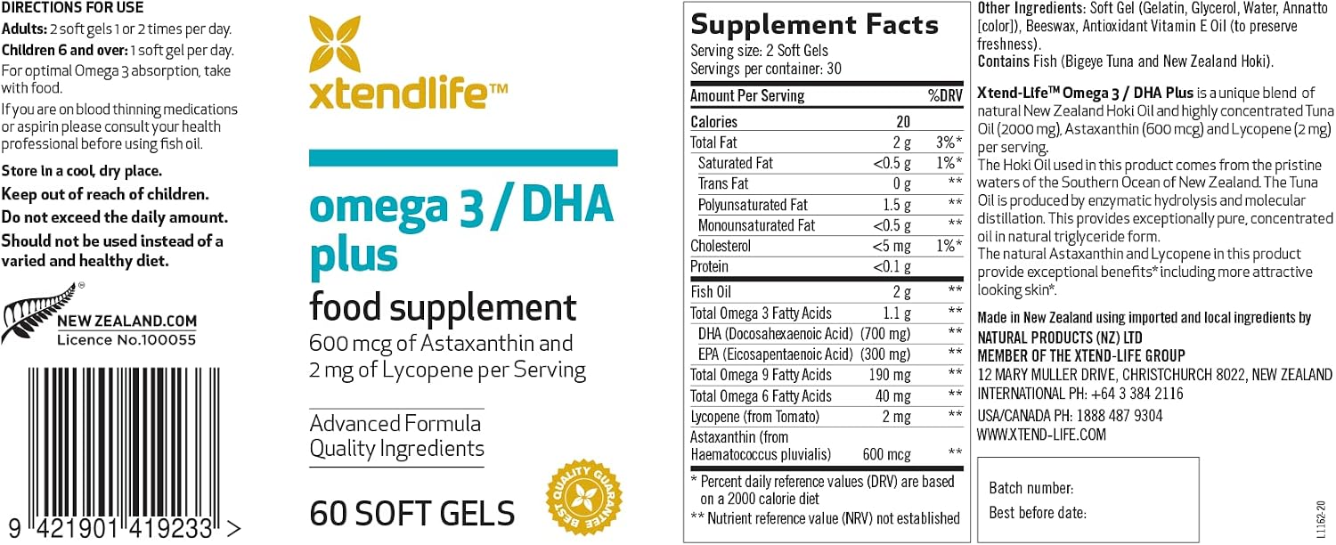 Xtendlife Omega‑3 Fish Oil + CoQ10 Supplement, 30 Day Supply | 1100mg DHA & EPA for Heart, Brain & Joint Support – with Ubiquinol CoQ10, Astaxanthin & Lycopene