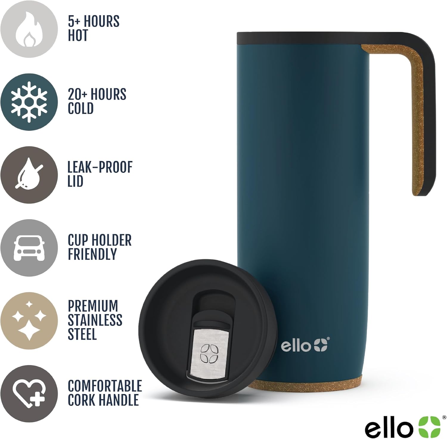 Ello Magnet 18oz Insulated Stainless Steel Travel Mug with Handle, Poseidon